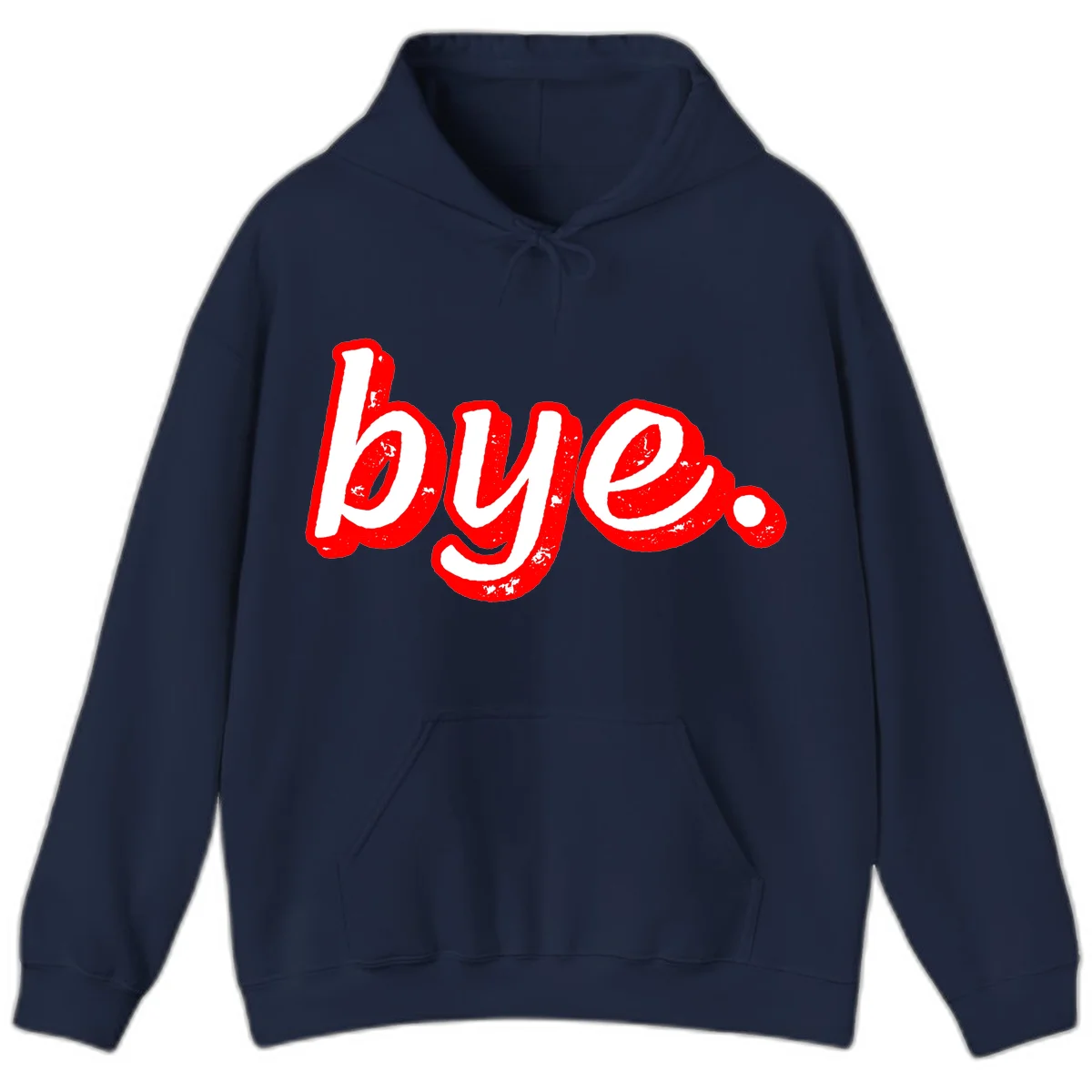 Bold red graffiti-style 'bye.' text with distressed texture and white lettering on gray background in Navy