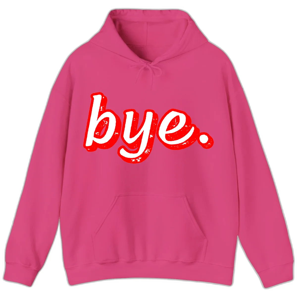 Bold red graffiti-style 'bye.' text with distressed texture and white lettering on gray background in Heliconia