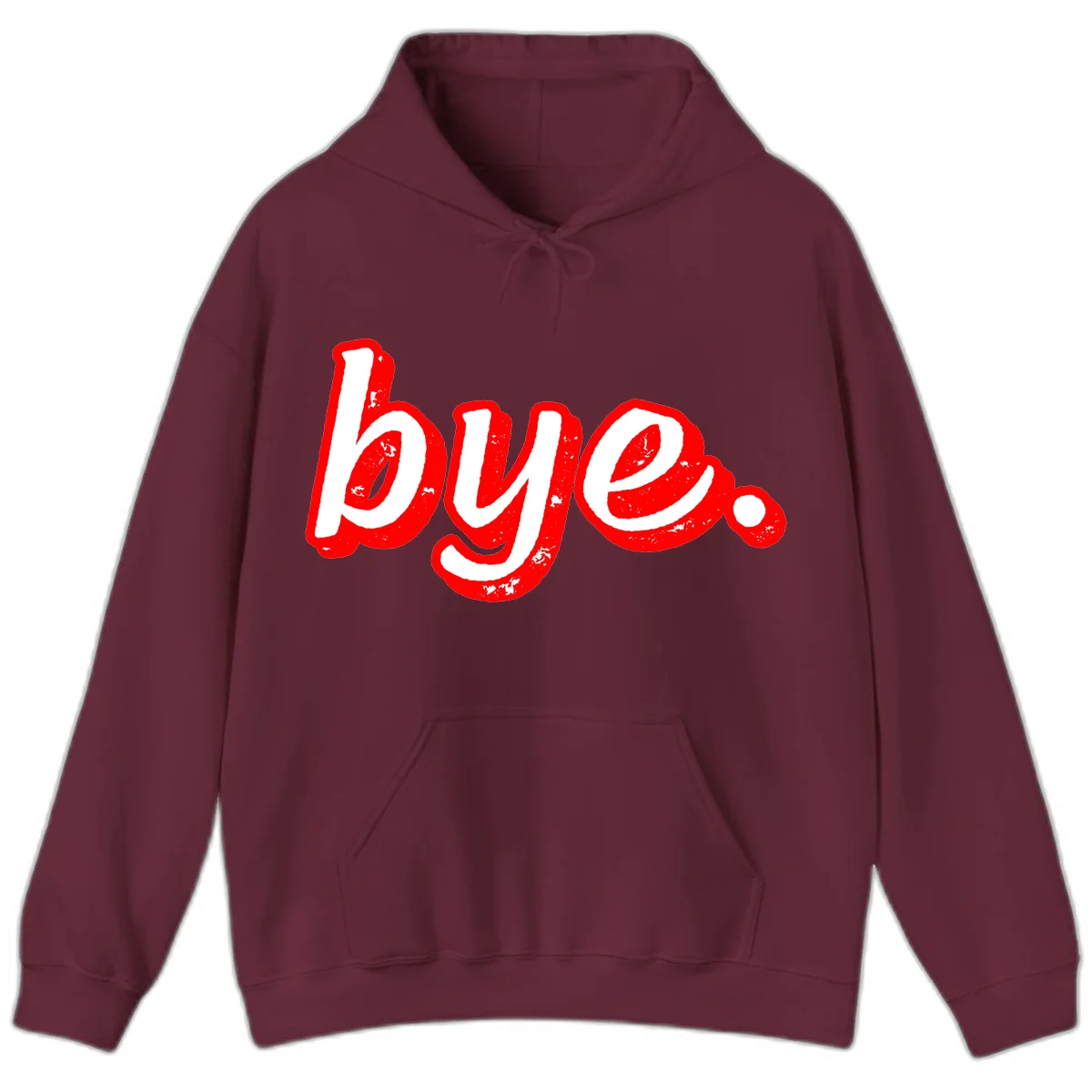 Bold red graffiti-style 'bye.' text with distressed texture and white lettering on gray background in Maroon