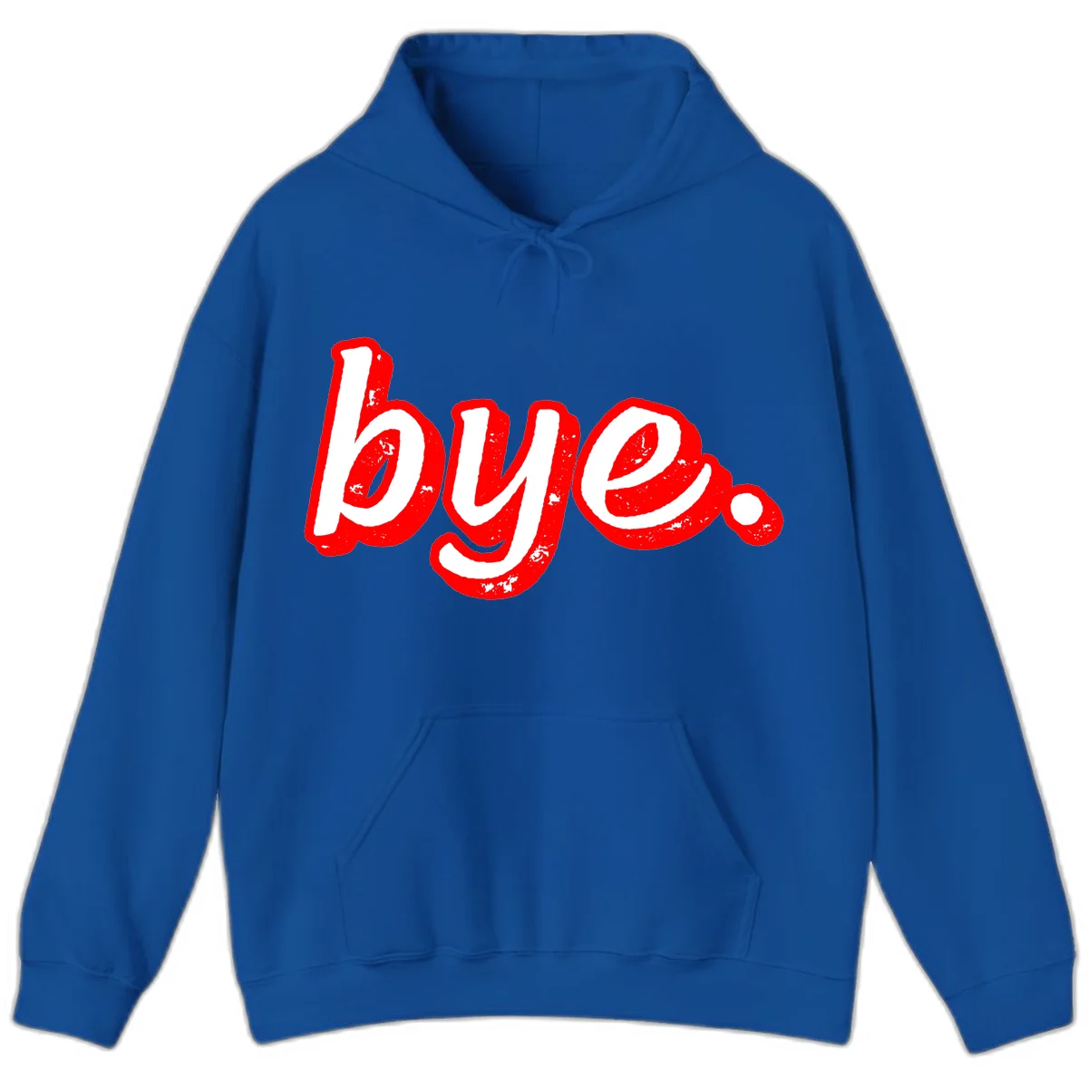 Bold red graffiti-style 'bye.' text with distressed texture and white lettering on gray background in Royal