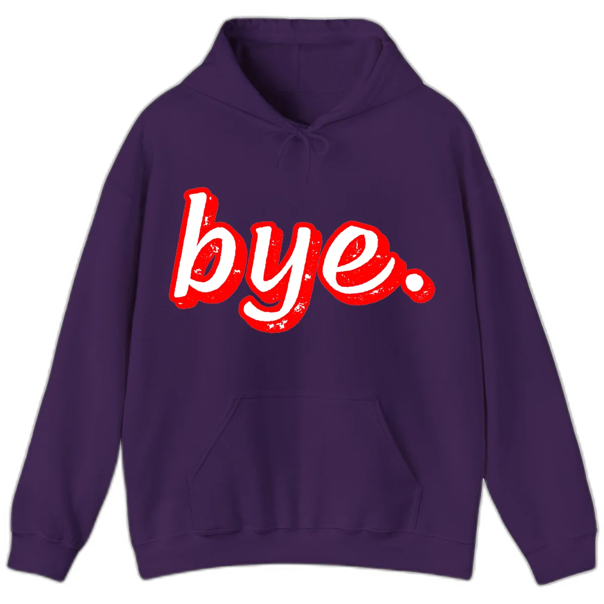 Bold red graffiti-style 'bye.' text with distressed texture and white lettering on gray background in Purple