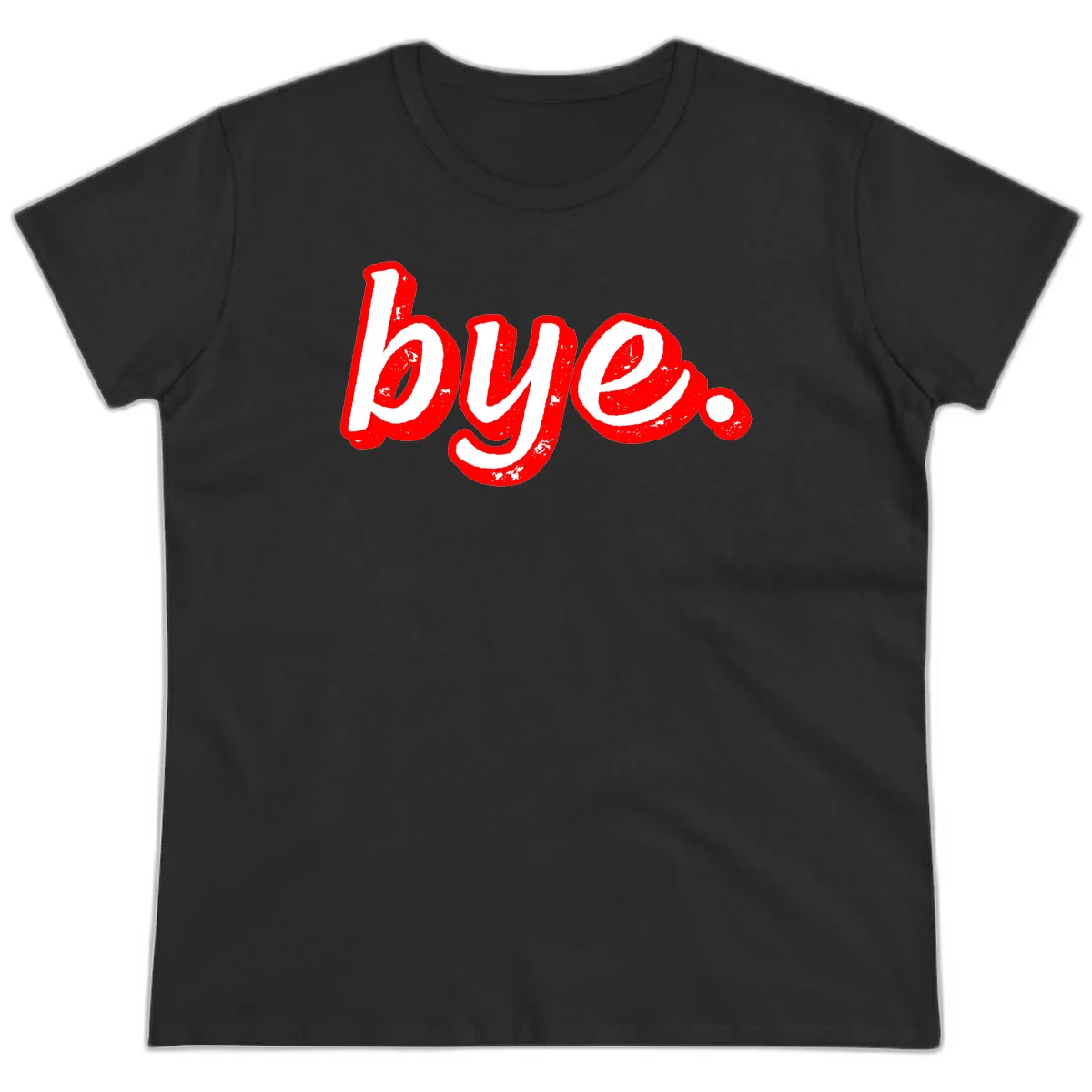 Bold red graffiti-style 'bye.' text with distressed texture and white lettering on gray background in Black