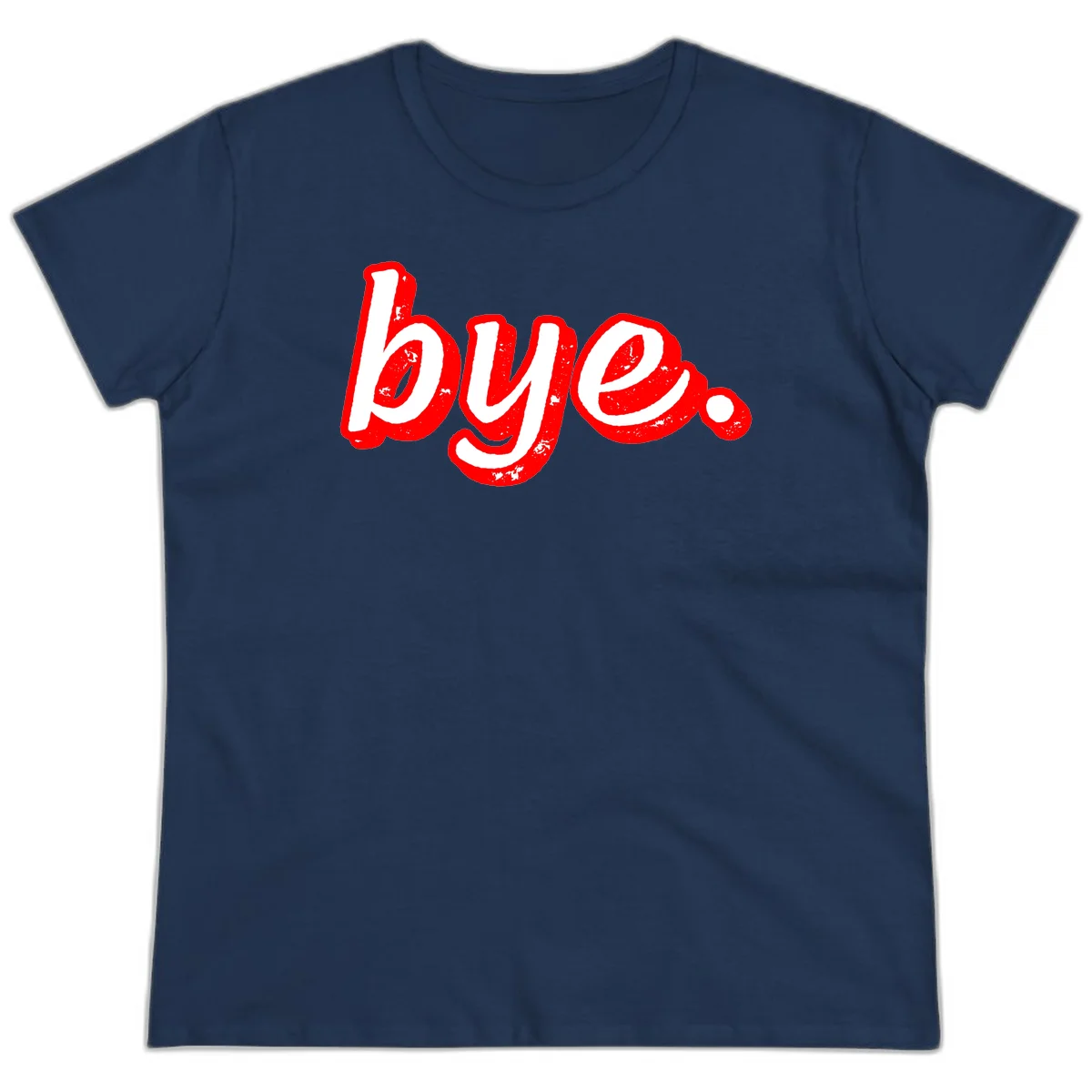 Bold red graffiti-style 'bye.' text with distressed texture and white lettering on gray background in Navy