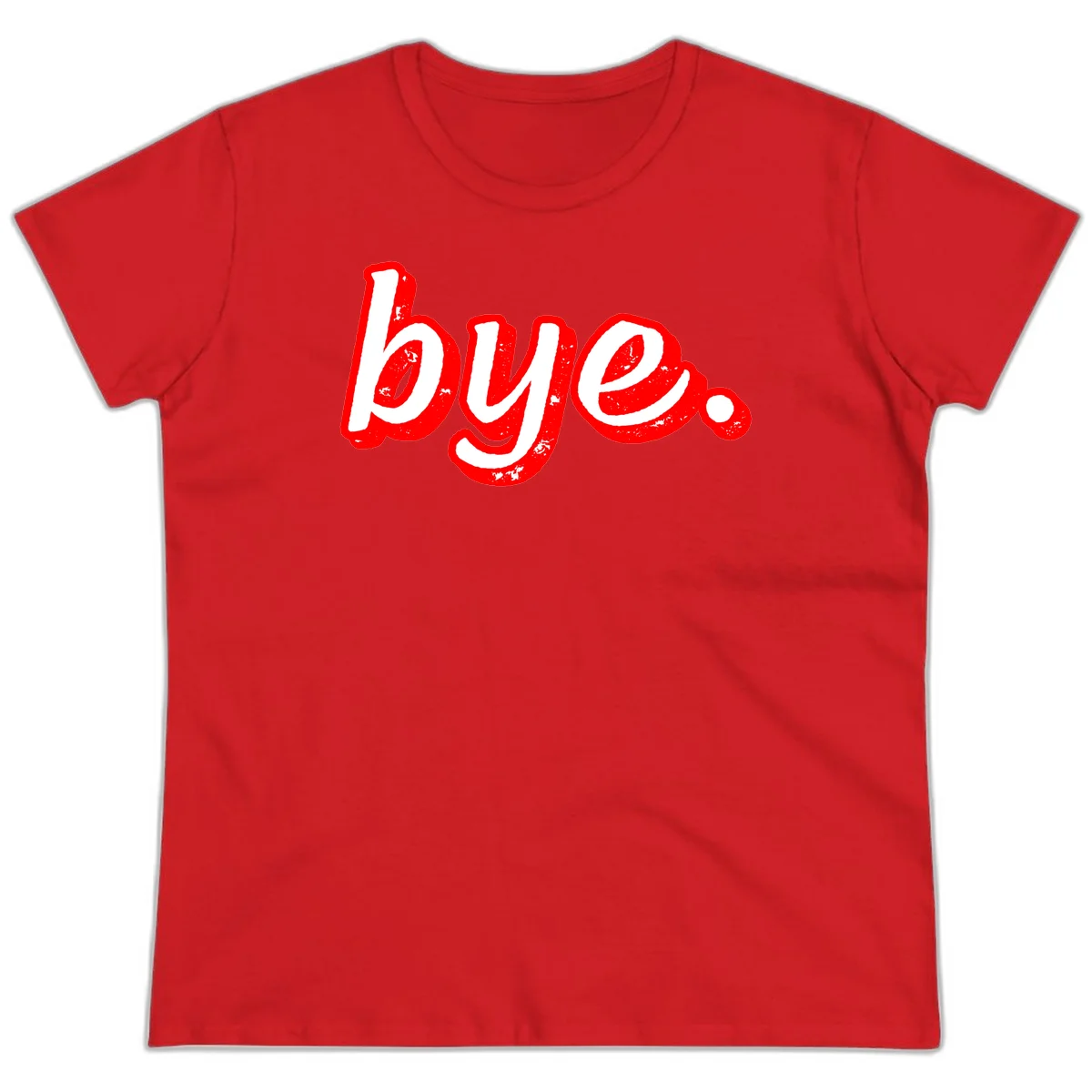 Bold red graffiti-style 'bye.' text with distressed texture and white lettering on gray background in Red
