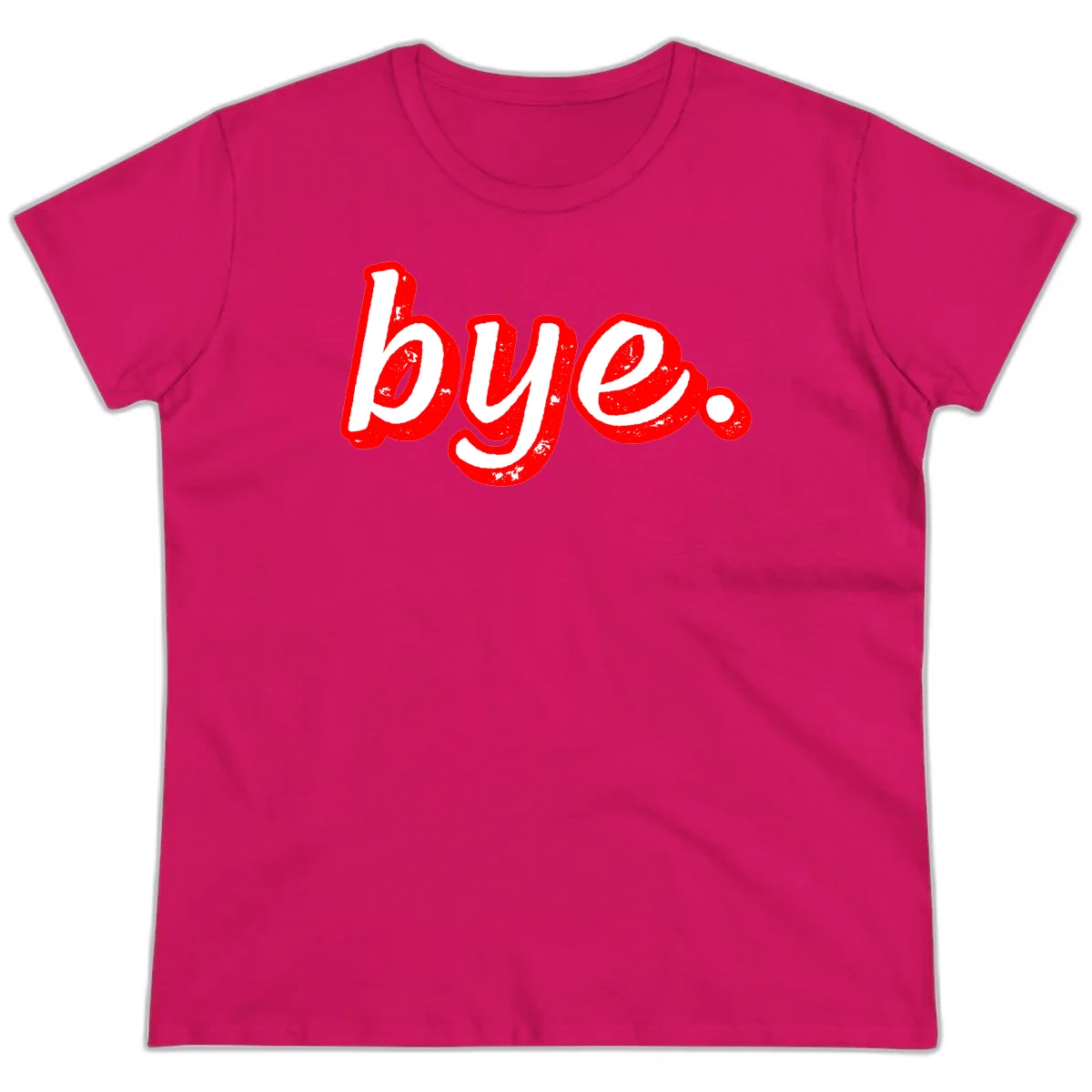 Bold red graffiti-style 'bye.' text with distressed texture and white lettering on gray background in Heliconia