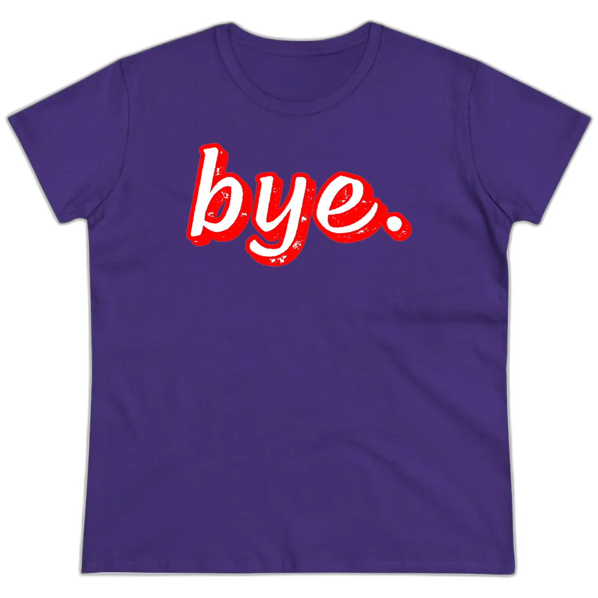 Bold red graffiti-style 'bye.' text with distressed texture and white lettering on gray background in Purple