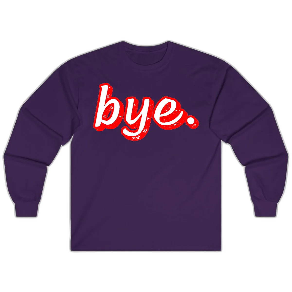 Bold red graffiti-style 'bye.' text with distressed texture and white lettering on gray background in Purple