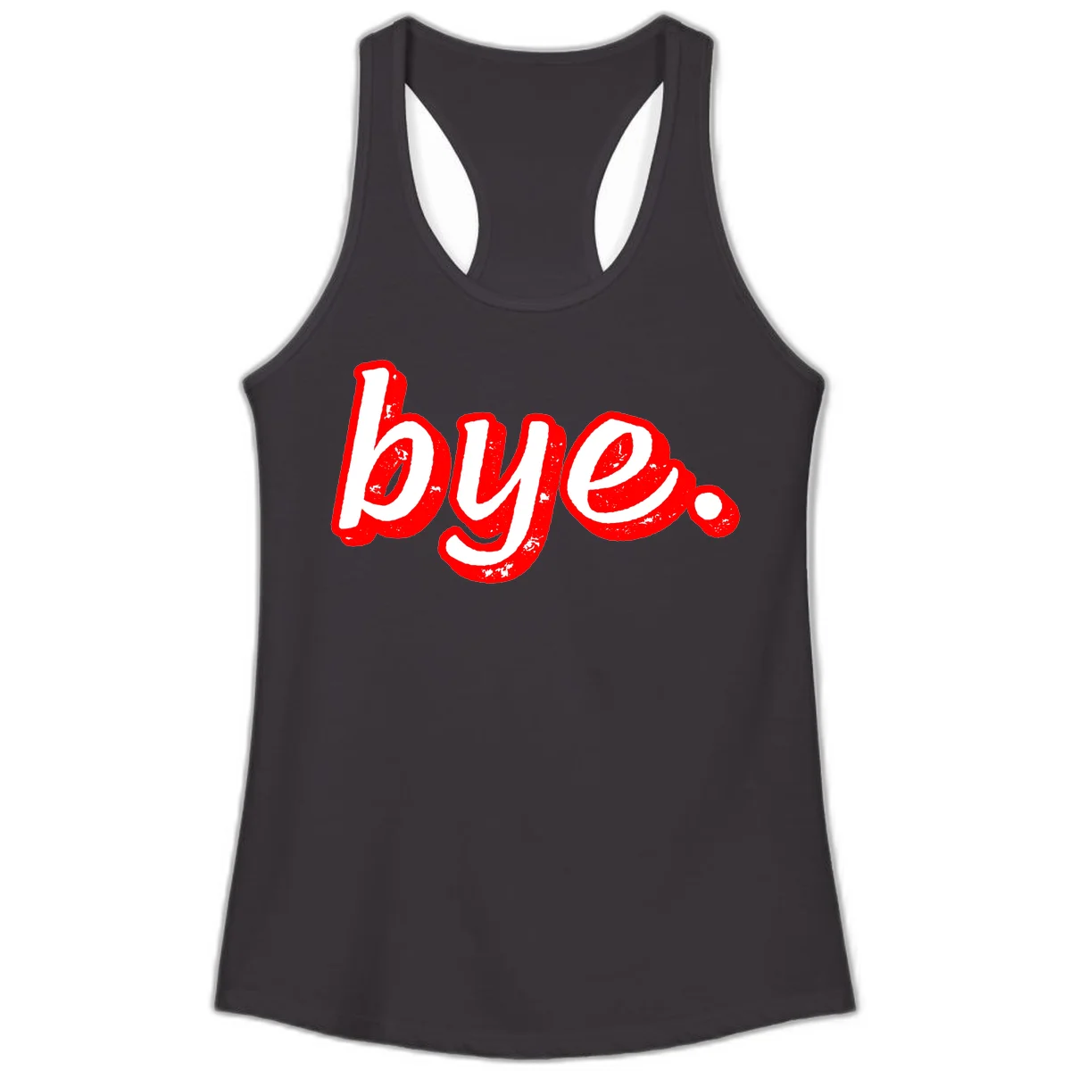 Bold red graffiti-style 'bye.' text with distressed texture and white lettering on gray background in Black