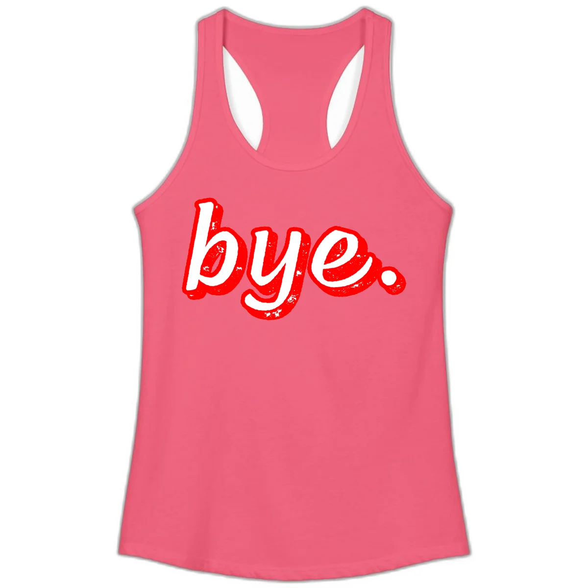 Bold red graffiti-style 'bye.' text with distressed texture and white lettering on gray background in Hot Pink