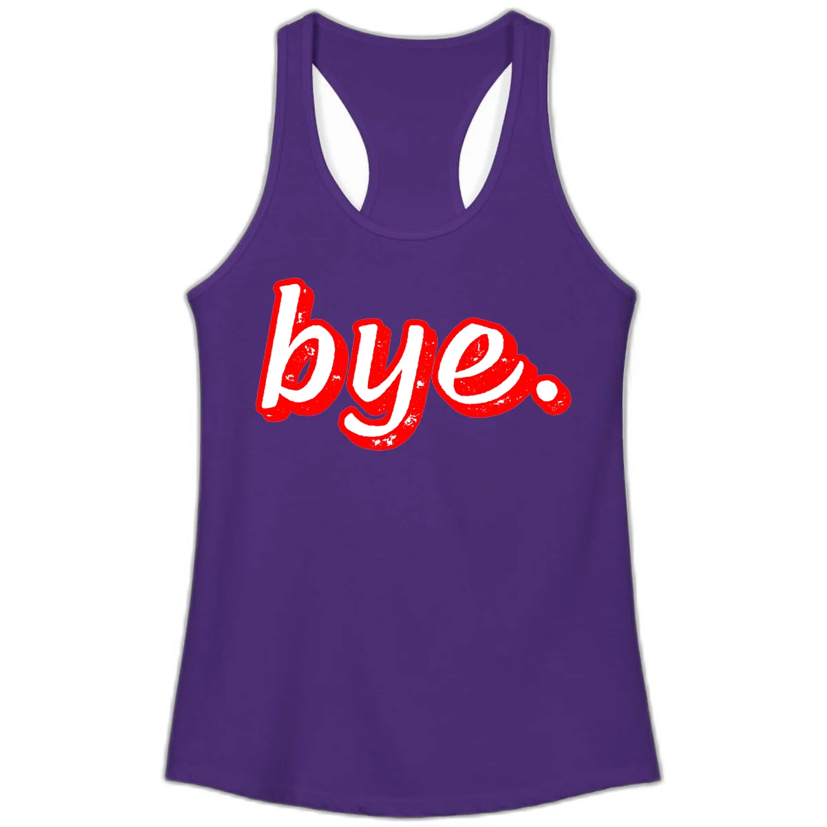 Bold red graffiti-style 'bye.' text with distressed texture and white lettering on gray background in Solid Purple Rush