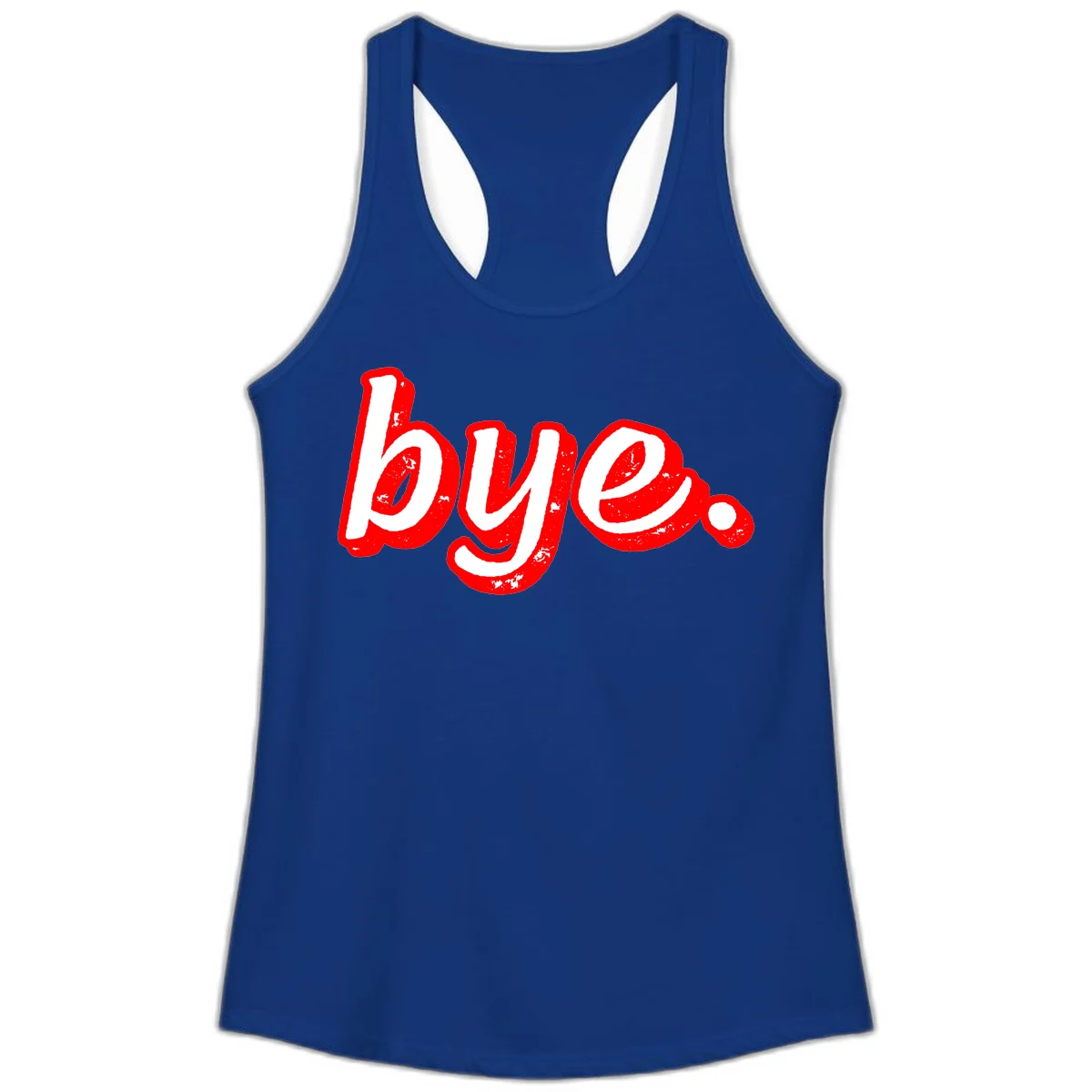 Bold red graffiti-style 'bye.' text with distressed texture and white lettering on gray background in Solid Royal