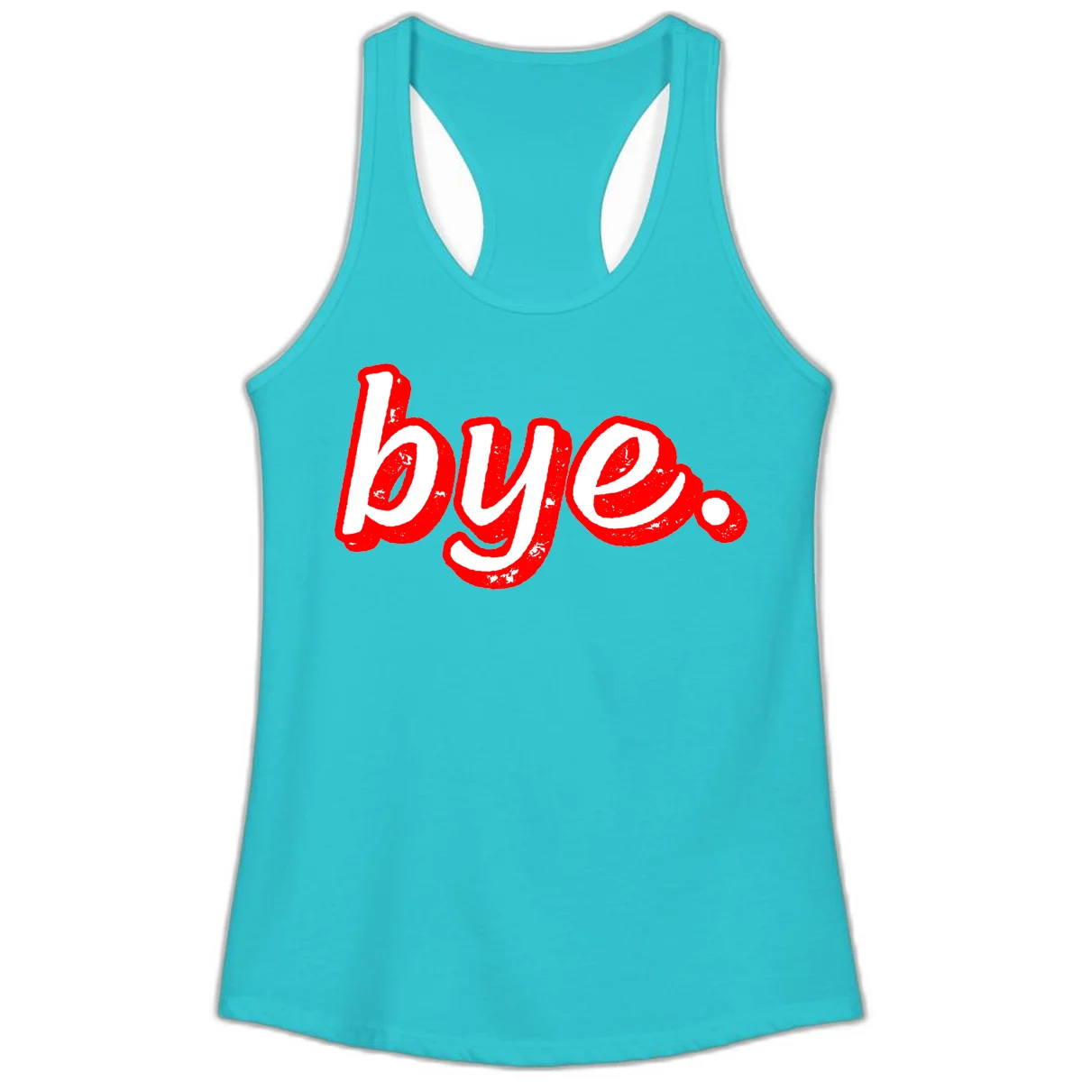 Bold red graffiti-style 'bye.' text with distressed texture and white lettering on gray background in Solid Tahiti Blue