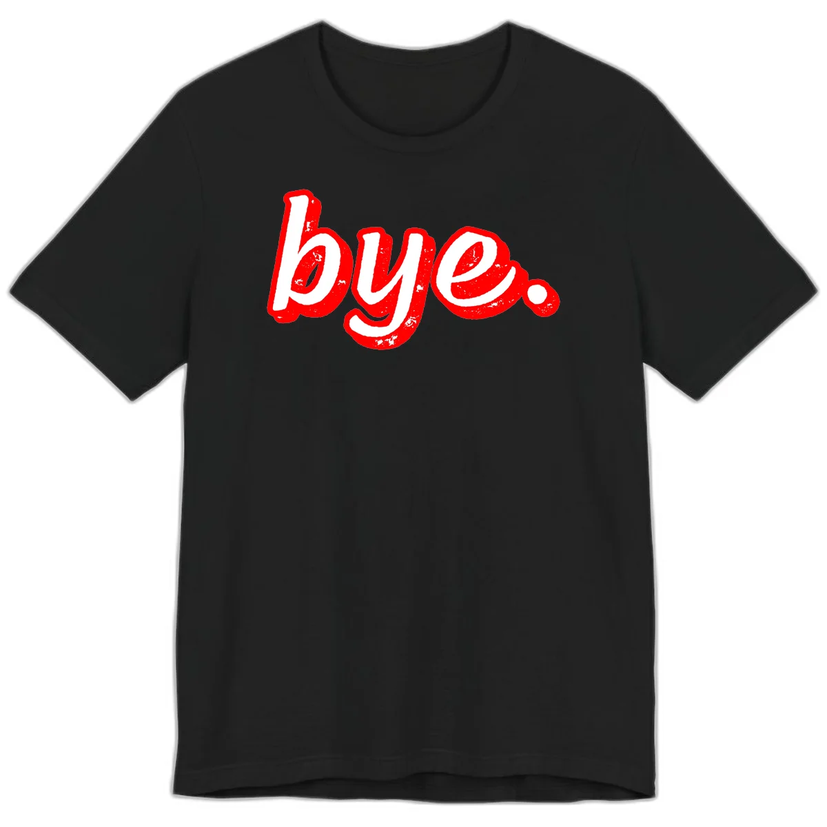 Bold red graffiti-style 'bye.' text with distressed texture and white lettering on gray background in Black