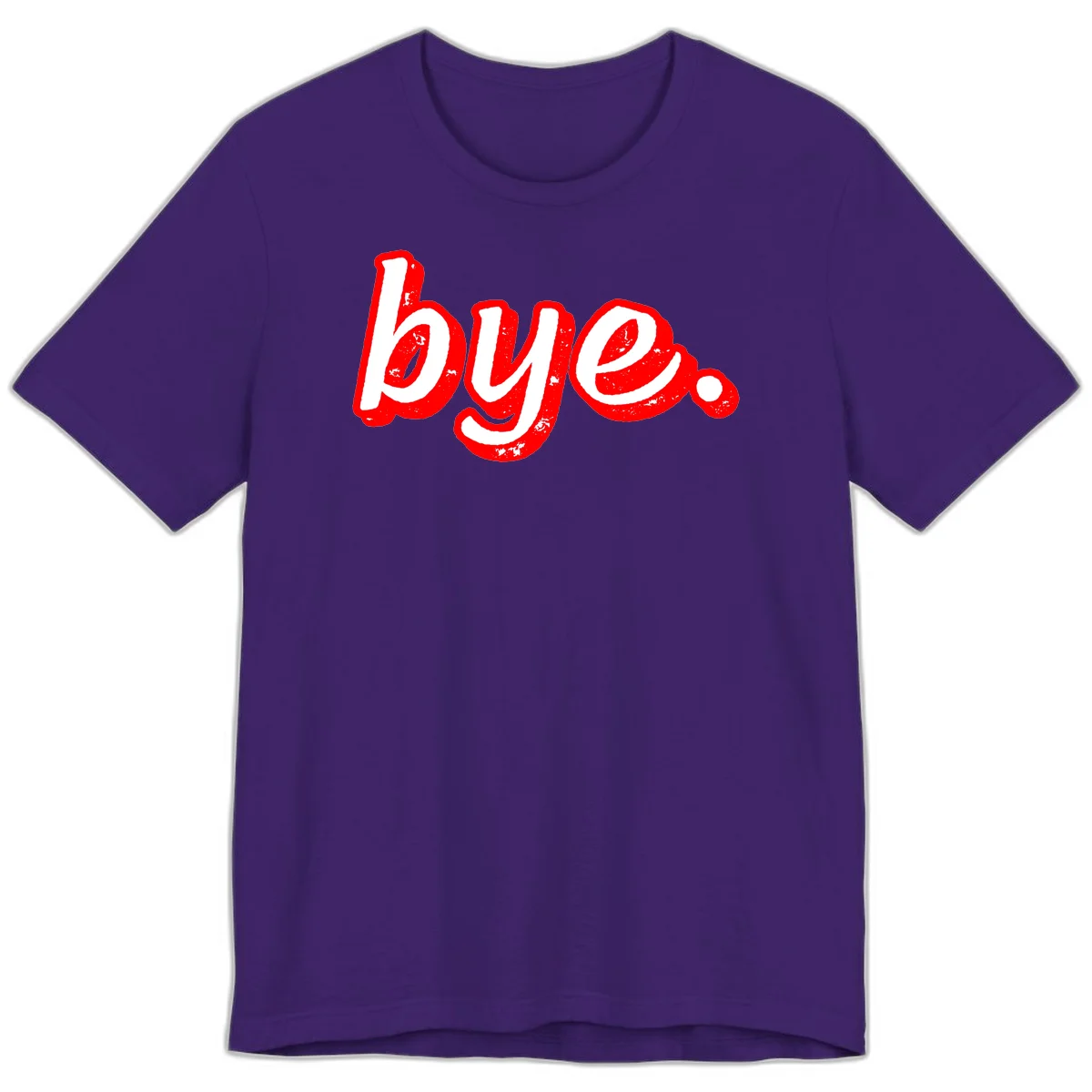 Bold red graffiti-style 'bye.' text with distressed texture and white lettering on gray background in Team Purple