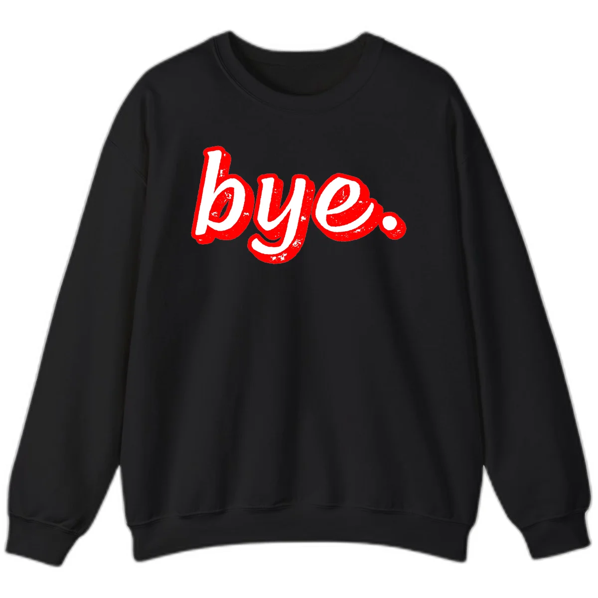 Bold red graffiti-style 'bye.' text with distressed texture and white lettering on gray background in Black