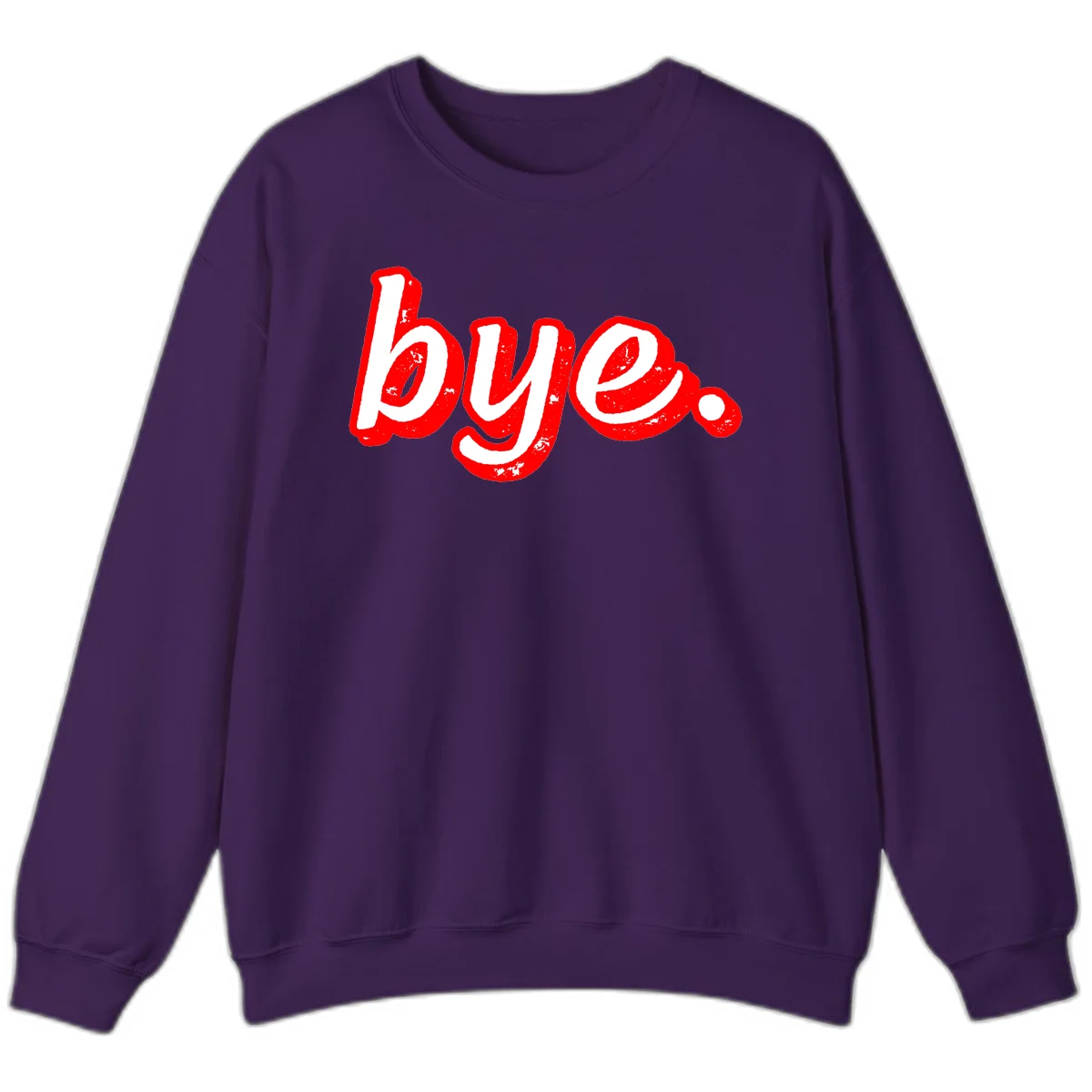 Bold red graffiti-style 'bye.' text with distressed texture and white lettering on gray background in Purple