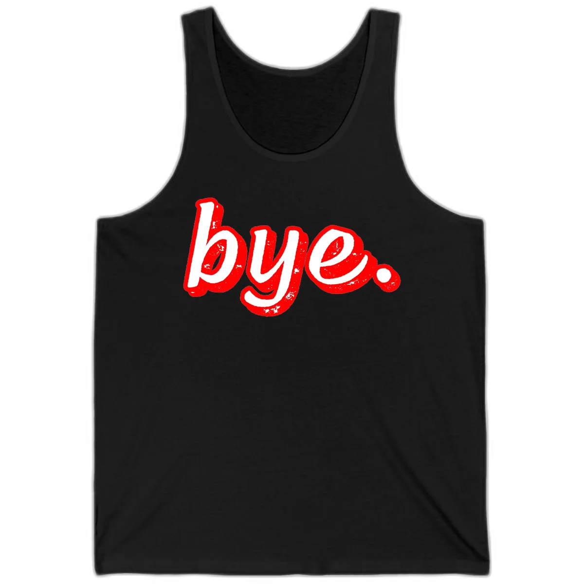 Bold red graffiti-style 'bye.' text with distressed texture and white lettering on gray background in Black