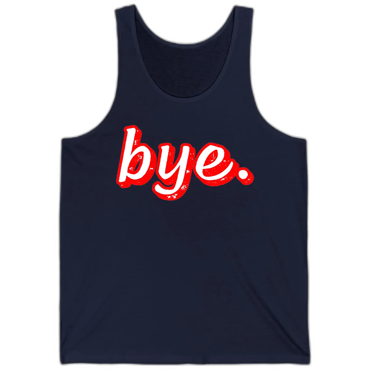 Bold red graffiti-style 'bye.' text with distressed texture and white lettering on gray background in Navy