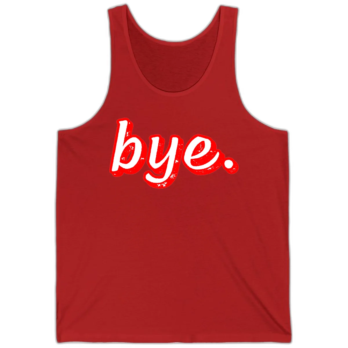 Bold red graffiti-style 'bye.' text with distressed texture and white lettering on gray background in Red