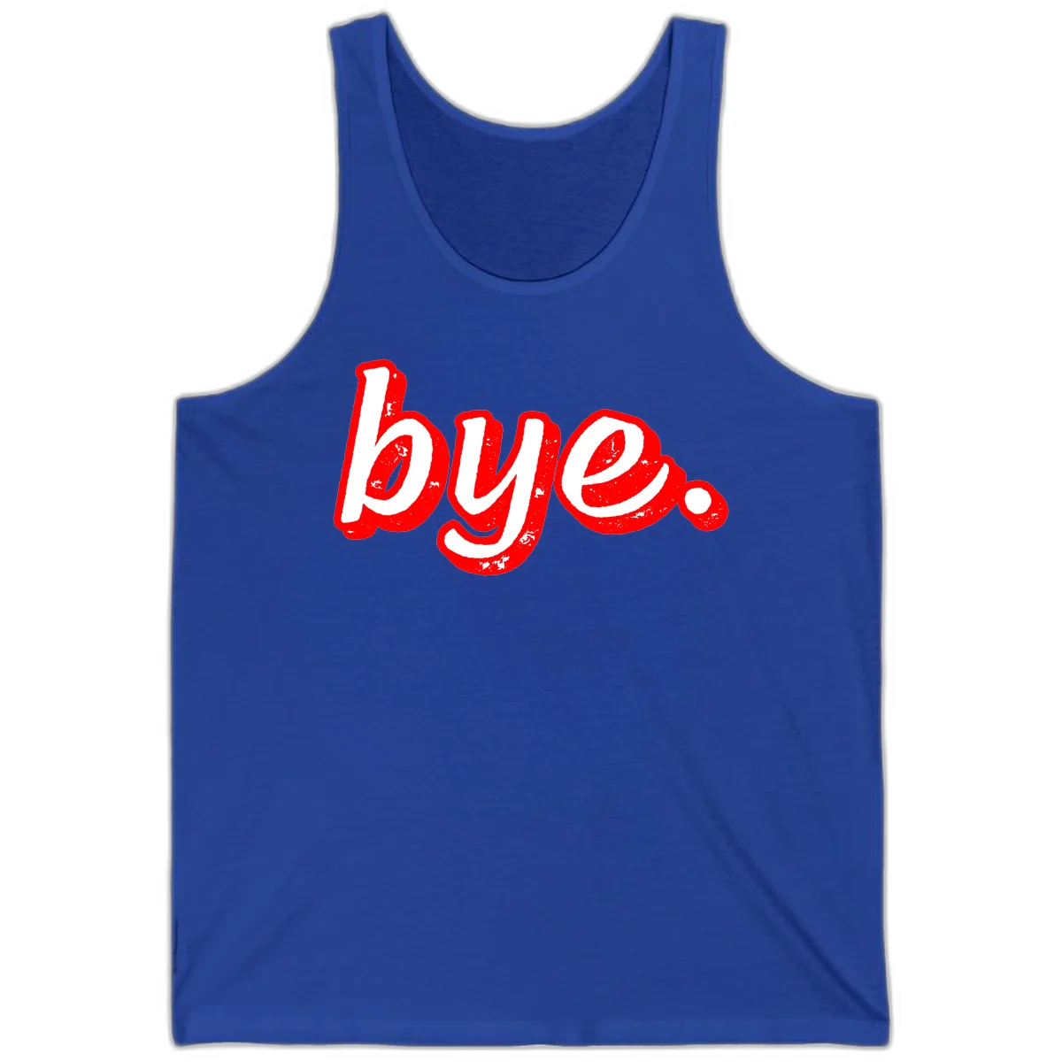 Bold red graffiti-style 'bye.' text with distressed texture and white lettering on gray background in True Royal