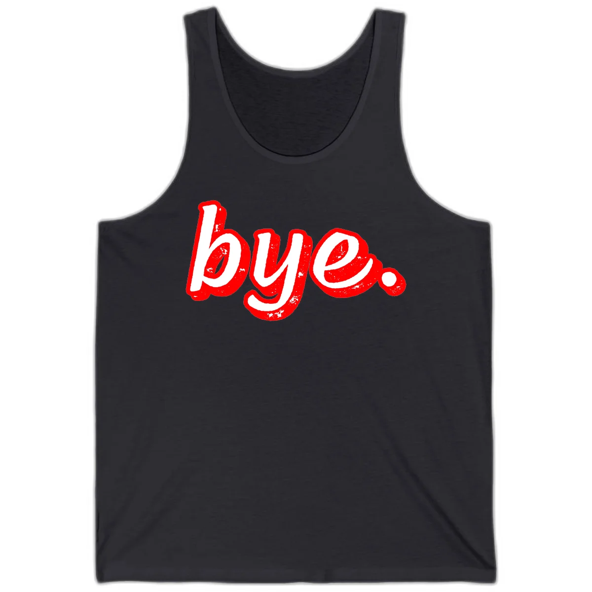 Bold red graffiti-style 'bye.' text with distressed texture and white lettering on gray background in Dark Grey