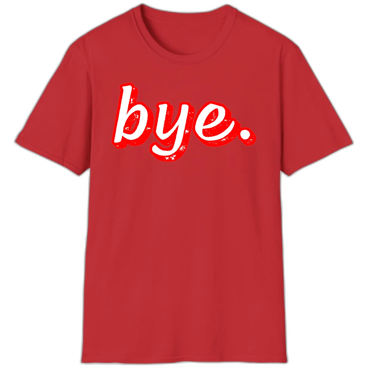 Bold red graffiti-style 'bye.' text with distressed texture and white lettering on gray background in Red