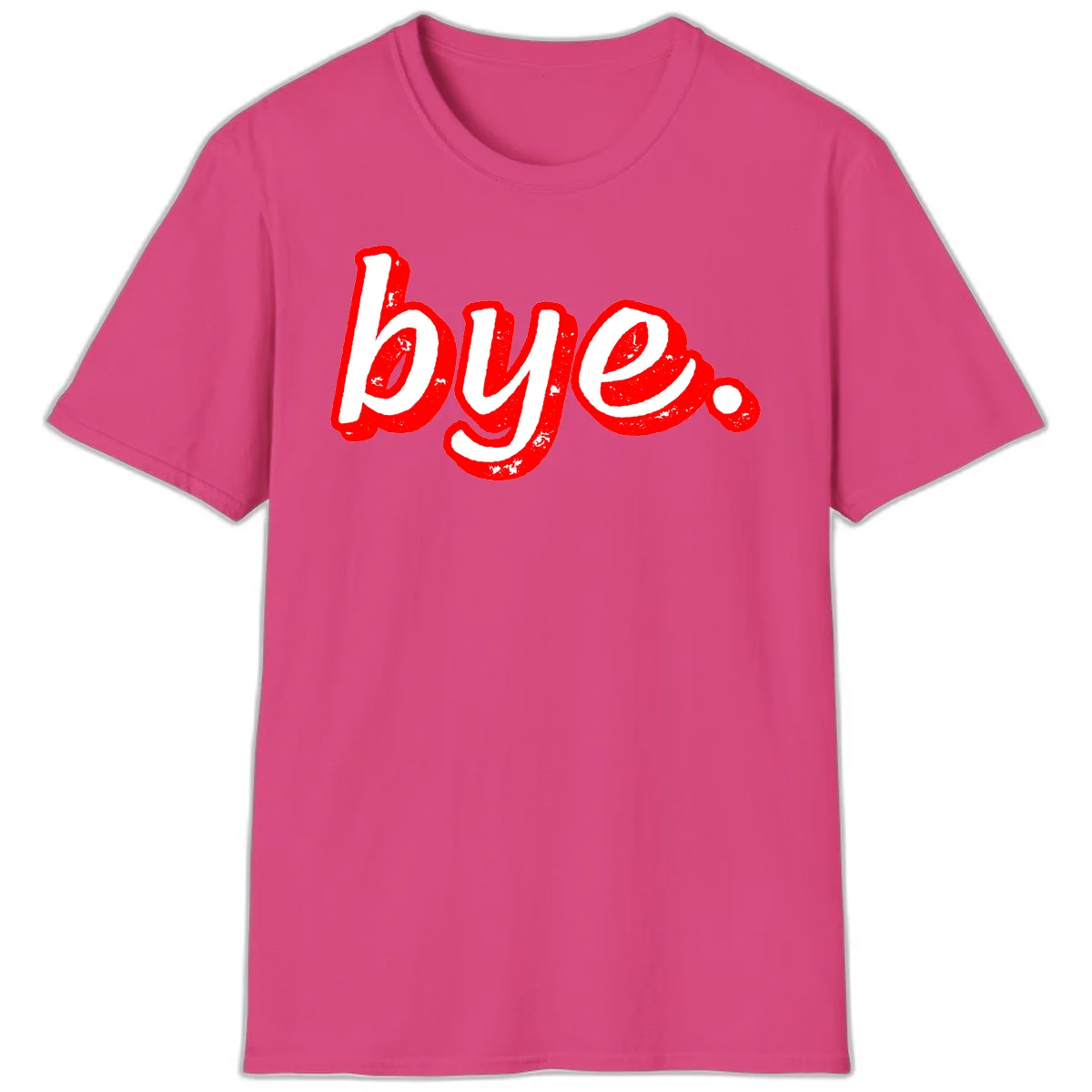 Bold red graffiti-style 'bye.' text with distressed texture and white lettering on gray background in Heliconia