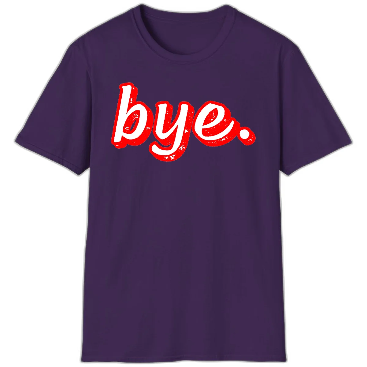 Bold red graffiti-style 'bye.' text with distressed texture and white lettering on gray background in Purple