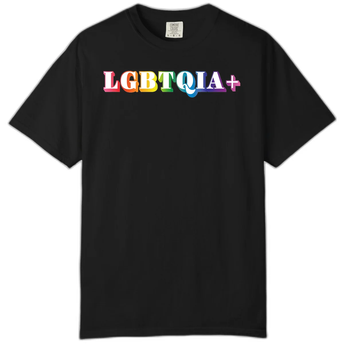 Colorful LGBTQIA+ text with each letter in rainbow colors (pink, red, orange, yellow, green, teal, blue, purple) on gray background in Black