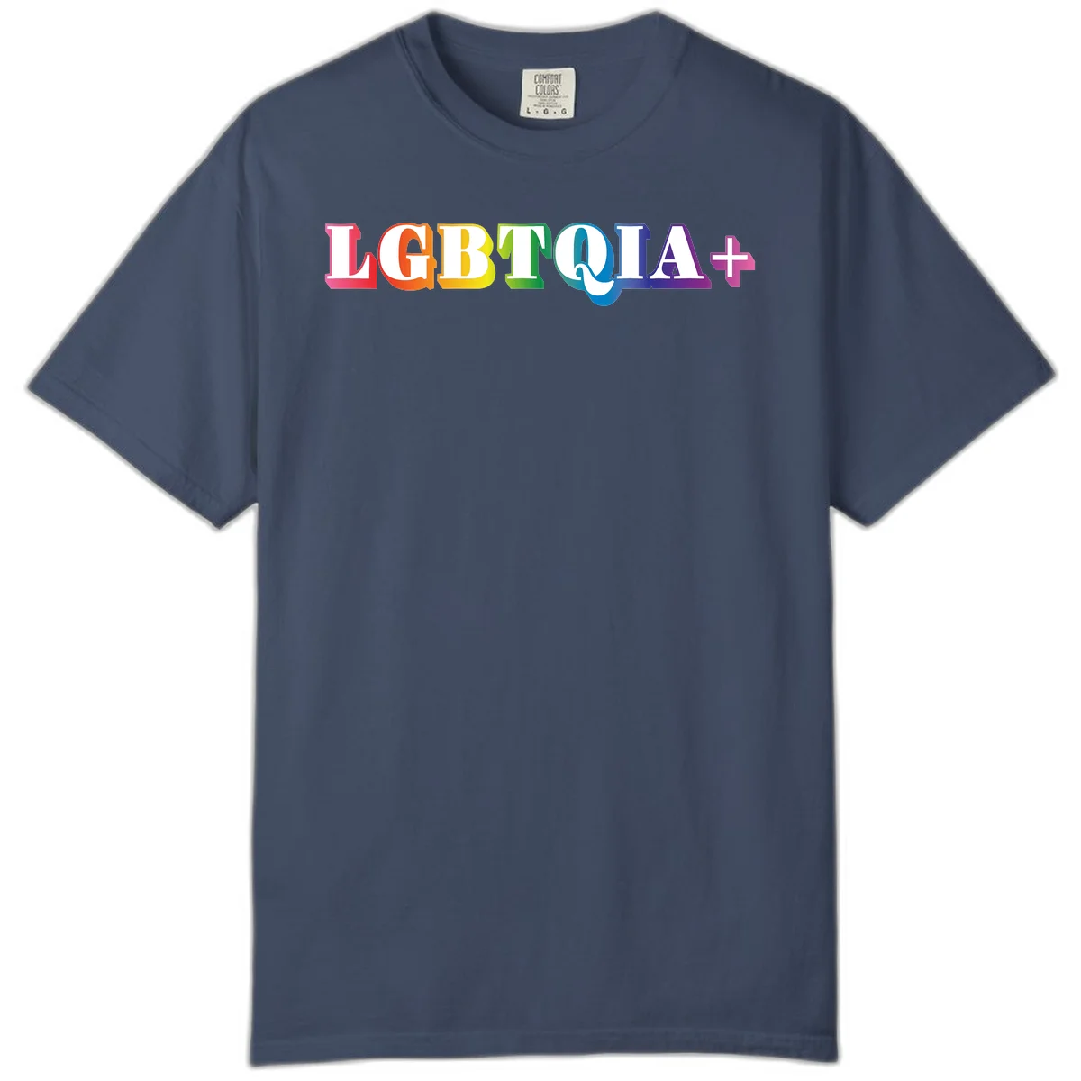 Colorful LGBTQIA+ text with each letter in rainbow colors (pink, red, orange, yellow, green, teal, blue, purple) on gray background in Midnight