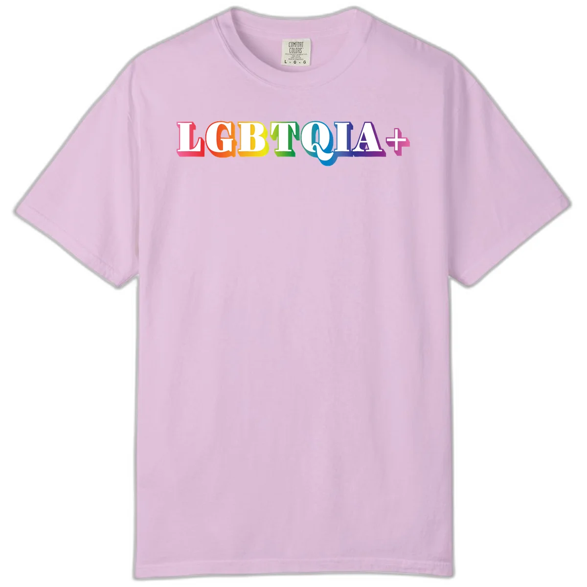 Colorful LGBTQIA+ text with each letter in rainbow colors (pink, red, orange, yellow, green, teal, blue, purple) on gray background in Orchid