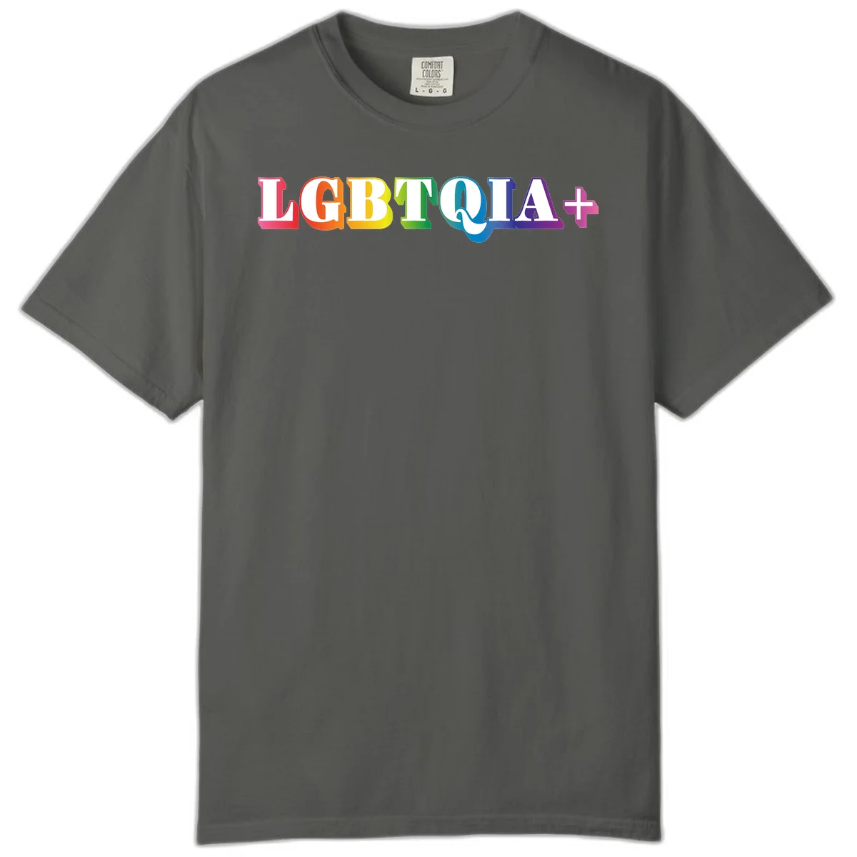 Colorful LGBTQIA+ text with each letter in rainbow colors (pink, red, orange, yellow, green, teal, blue, purple) on gray background in Pepper