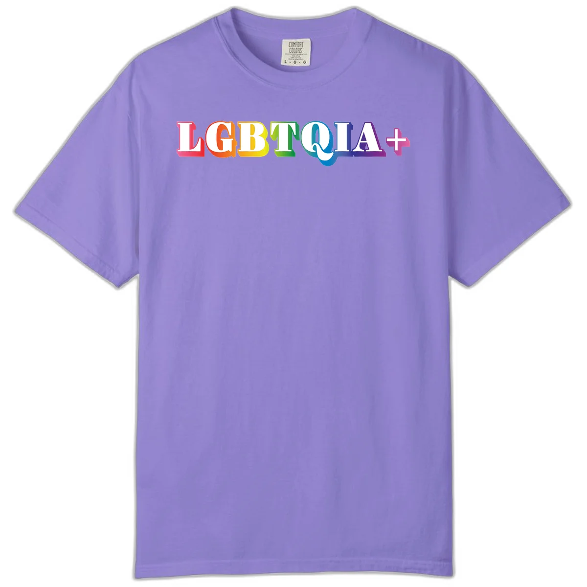 Colorful LGBTQIA+ text with each letter in rainbow colors (pink, red, orange, yellow, green, teal, blue, purple) on gray background in Violet