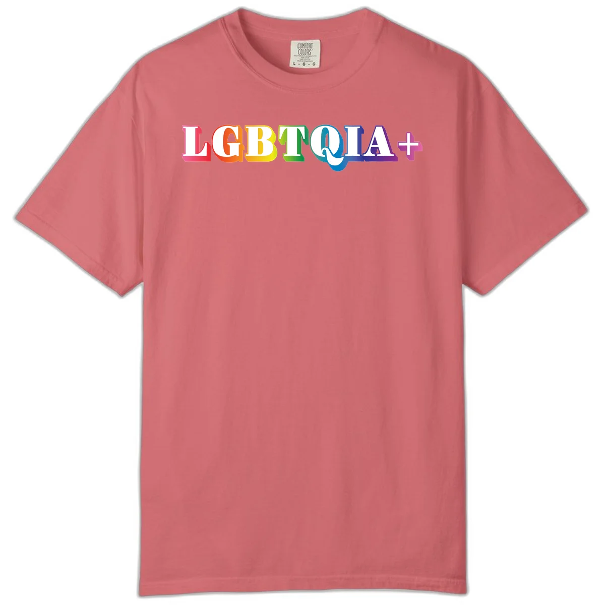 Colorful LGBTQIA+ text with each letter in rainbow colors (pink, red, orange, yellow, green, teal, blue, purple) on gray background in Watermelon