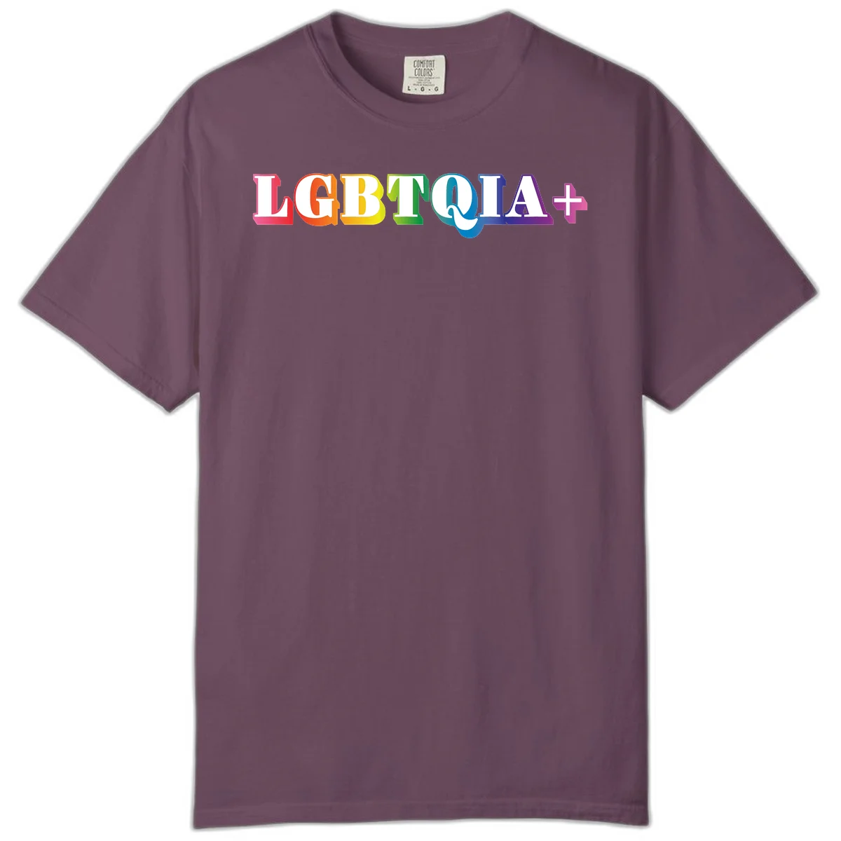 Colorful LGBTQIA+ text with each letter in rainbow colors (pink, red, orange, yellow, green, teal, blue, purple) on gray background in Berry