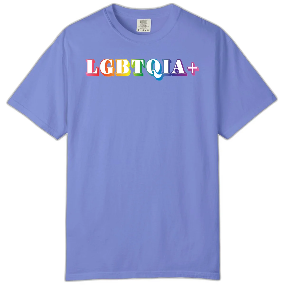 Colorful LGBTQIA+ text with each letter in rainbow colors (pink, red, orange, yellow, green, teal, blue, purple) on gray background in Flo Blue