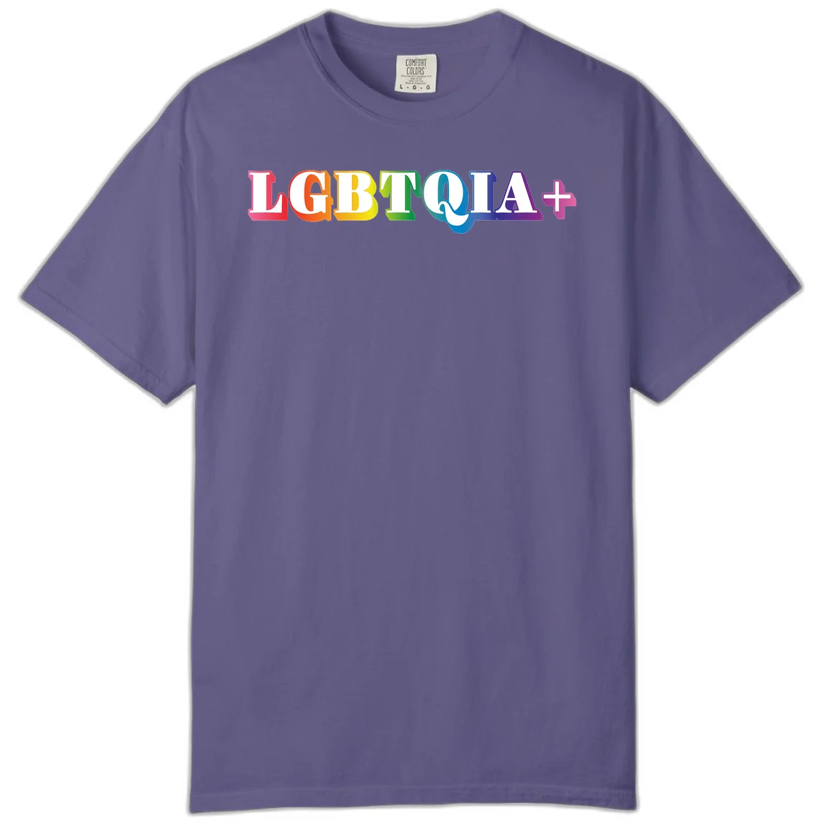 Colorful LGBTQIA+ text with each letter in rainbow colors (pink, red, orange, yellow, green, teal, blue, purple) on gray background in Grape