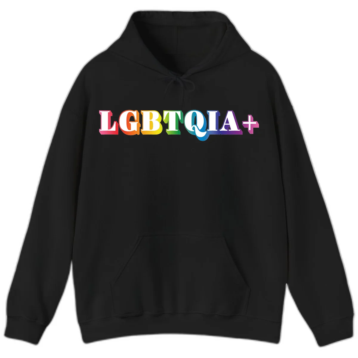 Colorful LGBTQIA+ text with each letter in rainbow colors (pink, red, orange, yellow, green, teal, blue, purple) on gray background in Black