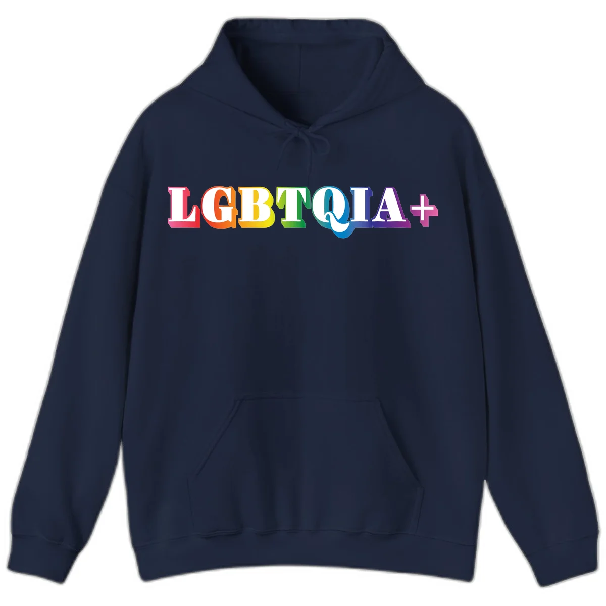 Colorful LGBTQIA+ text with each letter in rainbow colors (pink, red, orange, yellow, green, teal, blue, purple) on gray background in Navy