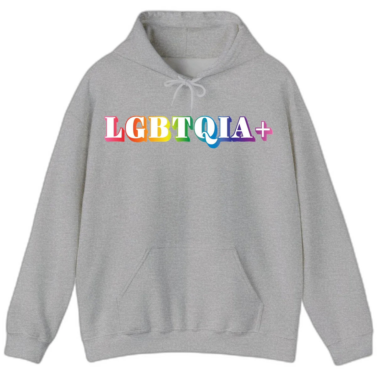 Colorful LGBTQIA+ text with each letter in rainbow colors (pink, red, orange, yellow, green, teal, blue, purple) on gray background in Sport Grey