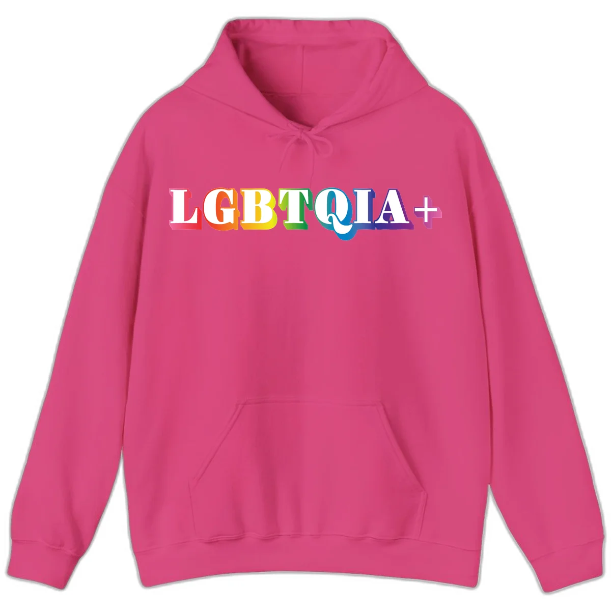 Colorful LGBTQIA+ text with each letter in rainbow colors (pink, red, orange, yellow, green, teal, blue, purple) on gray background in Heliconia