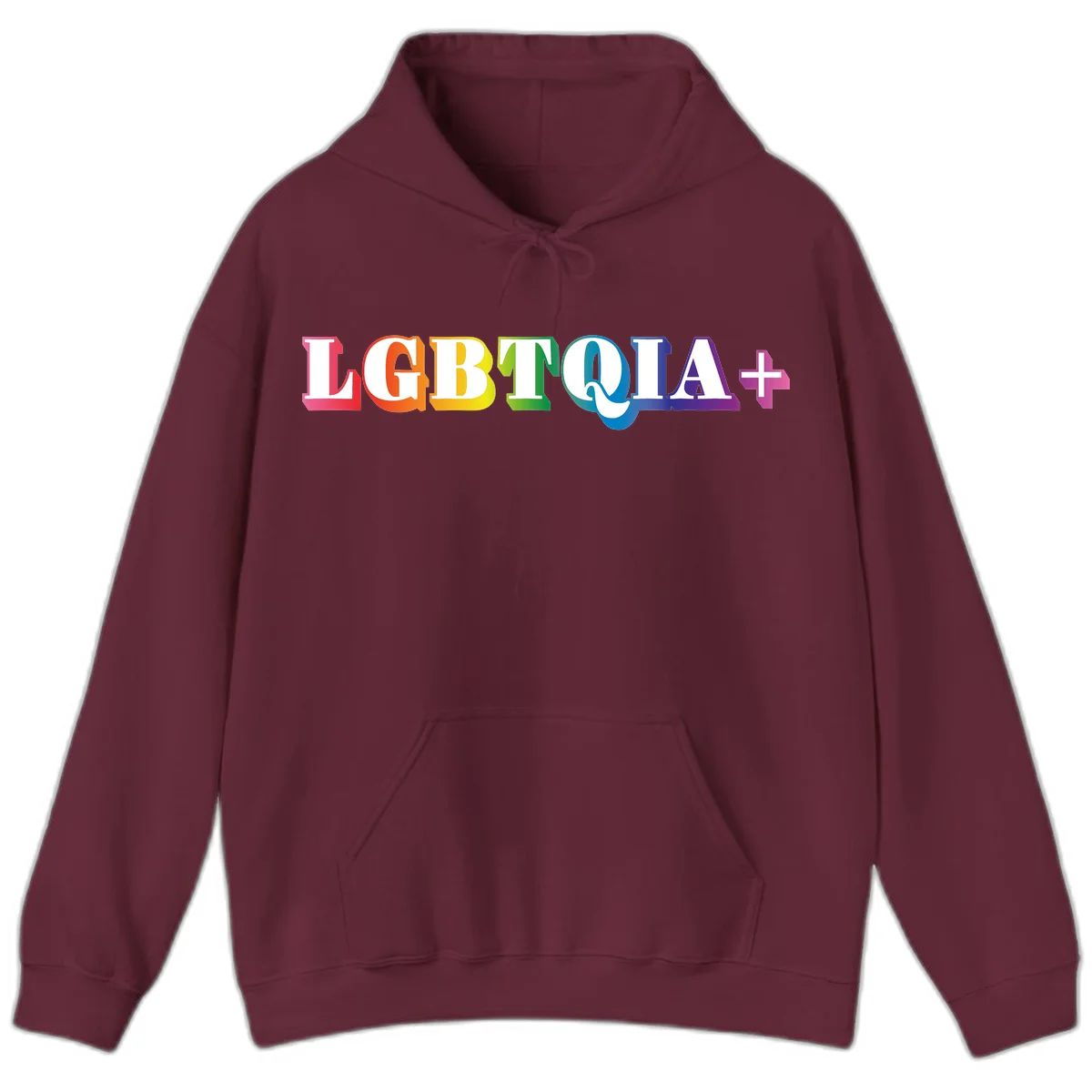 Colorful LGBTQIA+ text with each letter in rainbow colors (pink, red, orange, yellow, green, teal, blue, purple) on gray background in Maroon