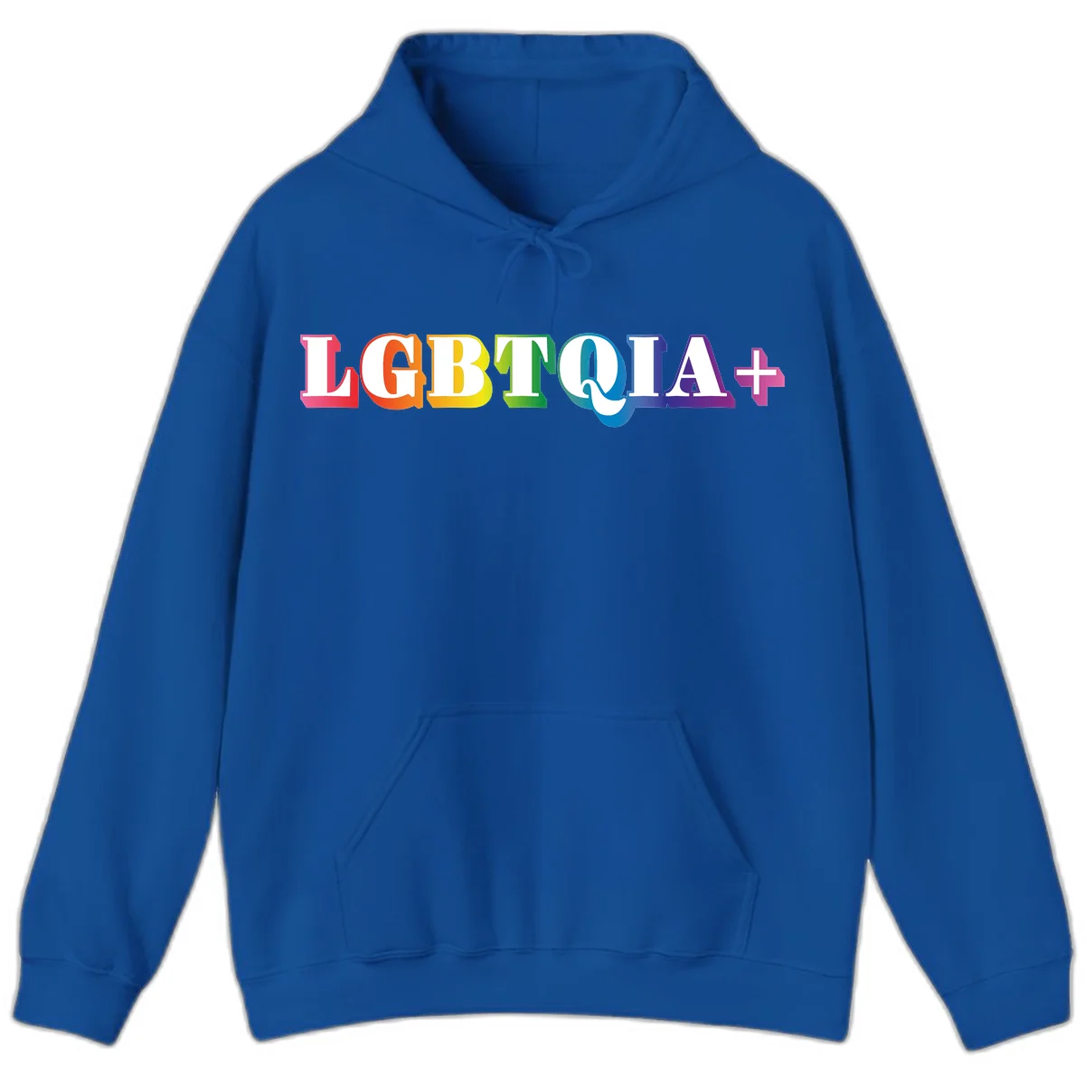 Colorful LGBTQIA+ text with each letter in rainbow colors (pink, red, orange, yellow, green, teal, blue, purple) on gray background in Royal