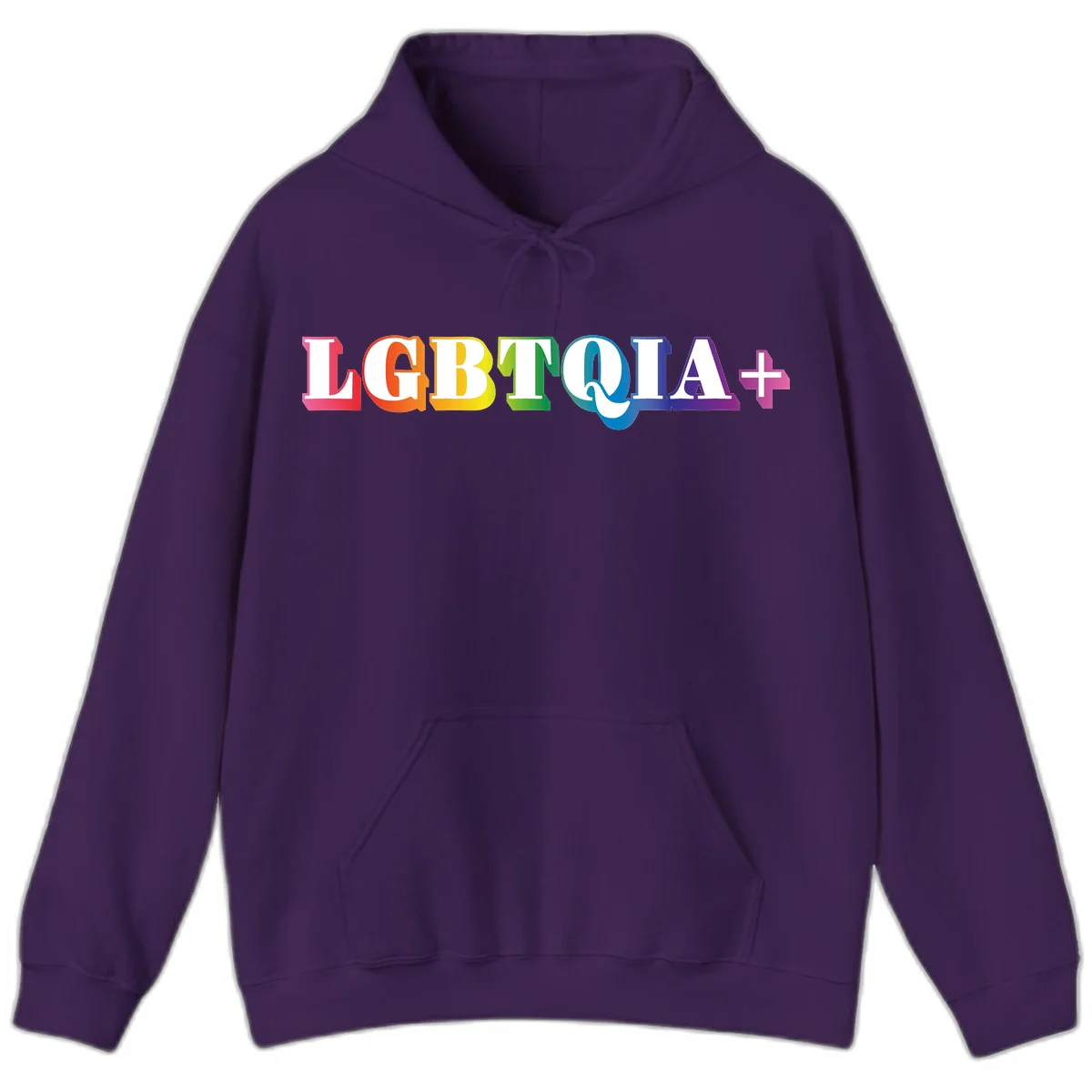 Colorful LGBTQIA+ text with each letter in rainbow colors (pink, red, orange, yellow, green, teal, blue, purple) on gray background in Purple