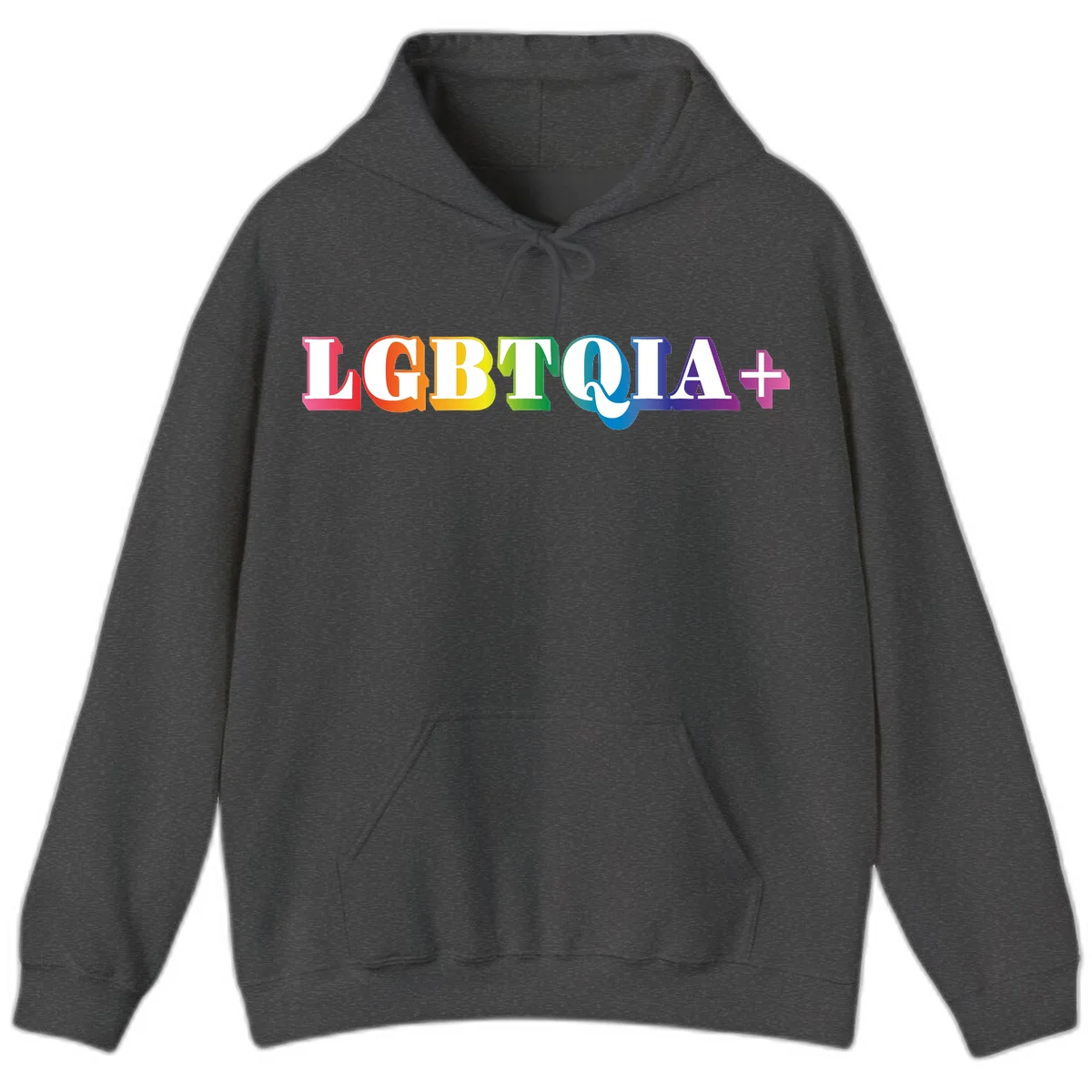 Colorful LGBTQIA+ text with each letter in rainbow colors (pink, red, orange, yellow, green, teal, blue, purple) on gray background in Dark Heather