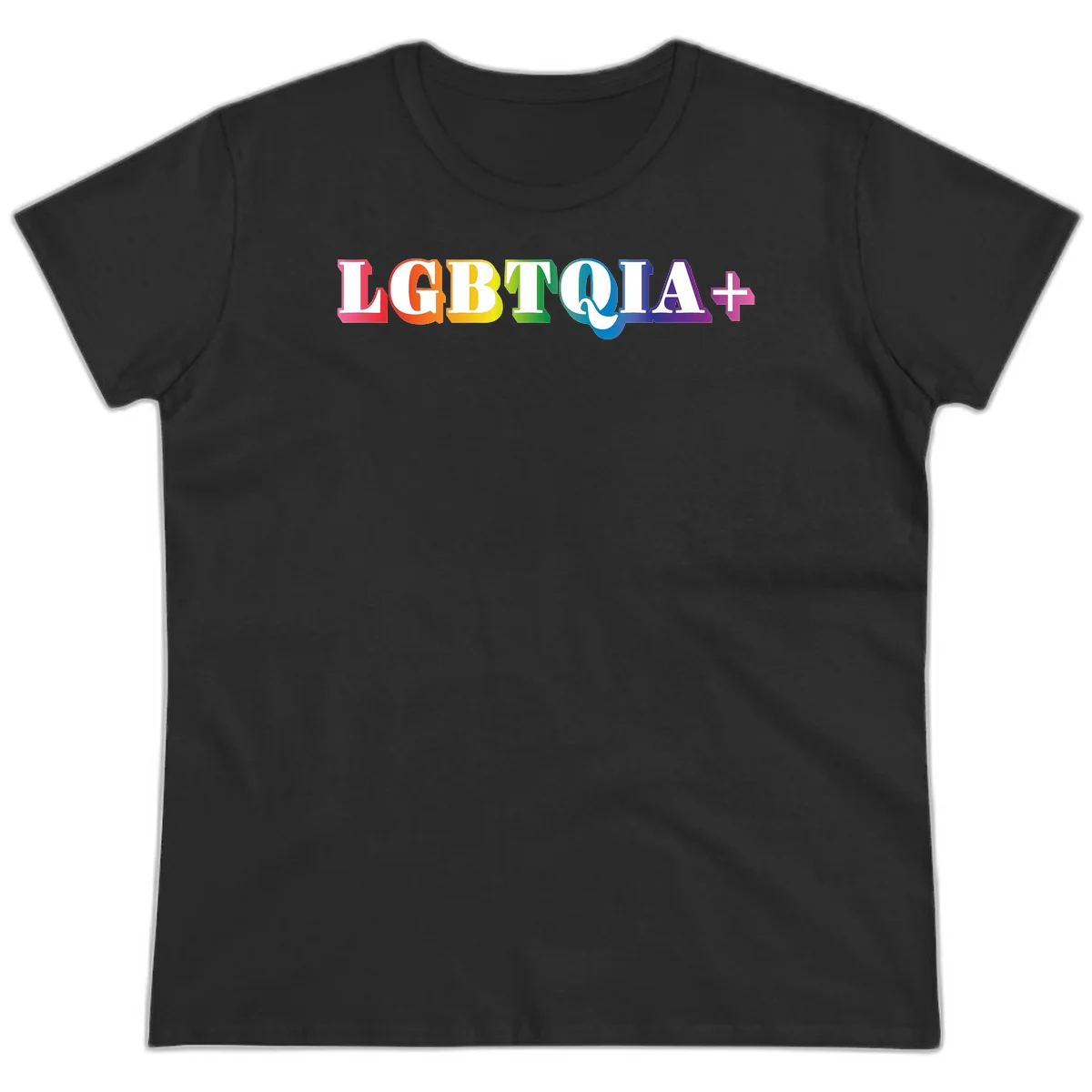 Colorful LGBTQIA+ text with each letter in rainbow colors (pink, red, orange, yellow, green, teal, blue, purple) on gray background in Black