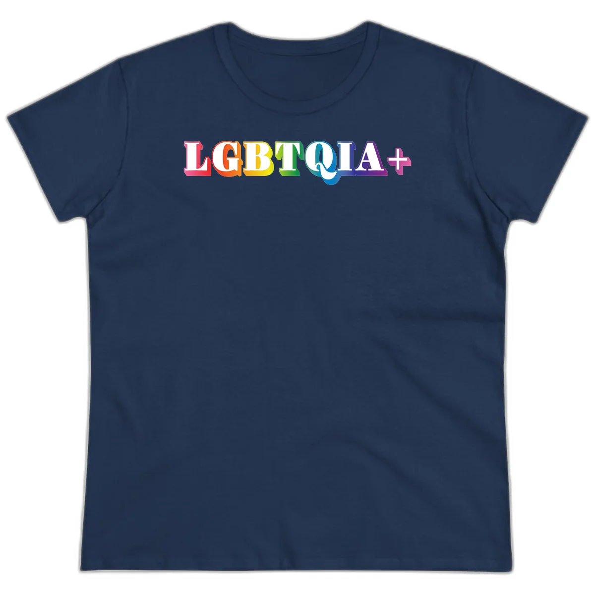 Colorful LGBTQIA+ text with each letter in rainbow colors (pink, red, orange, yellow, green, teal, blue, purple) on gray background in Navy