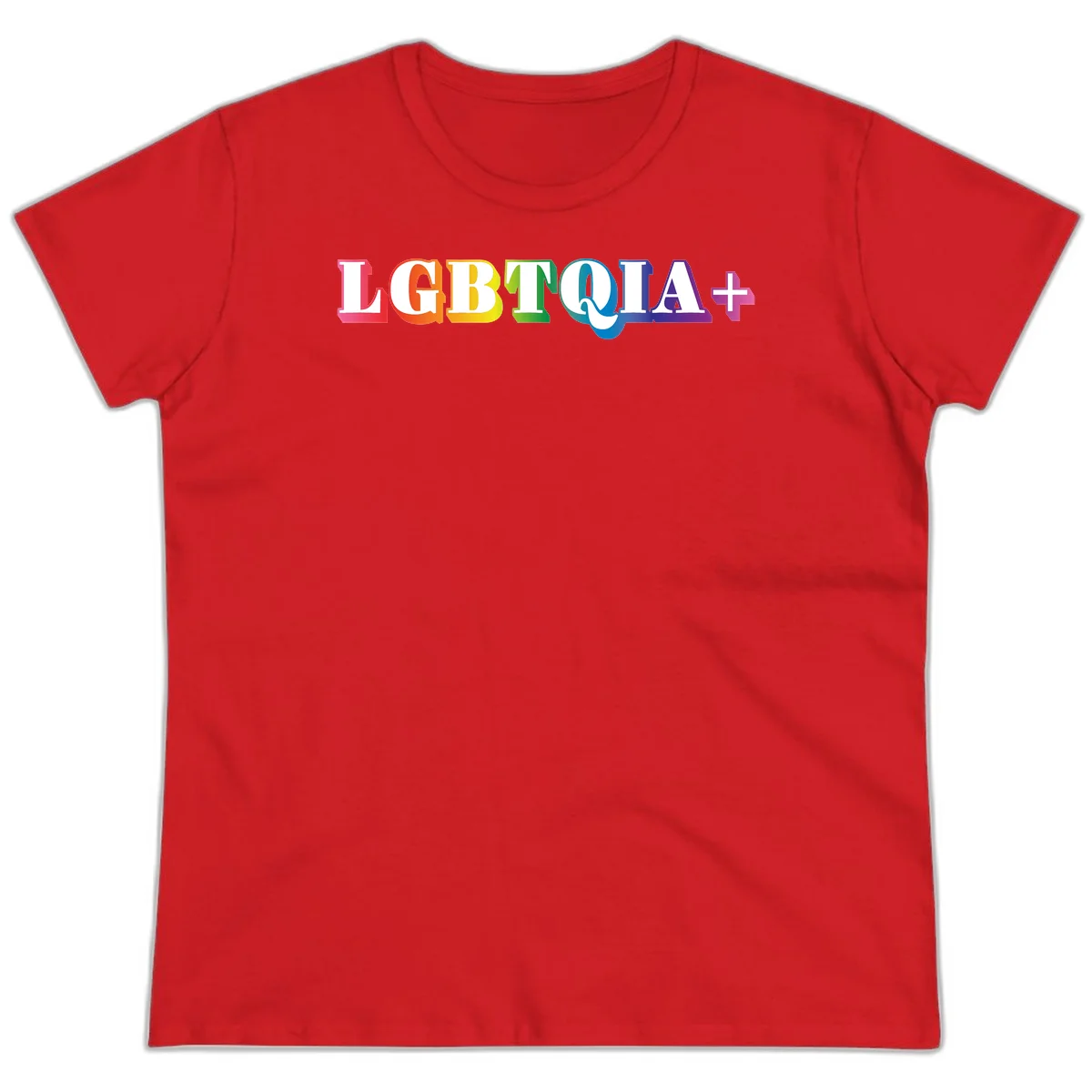 Colorful LGBTQIA+ text with each letter in rainbow colors (pink, red, orange, yellow, green, teal, blue, purple) on gray background in Red