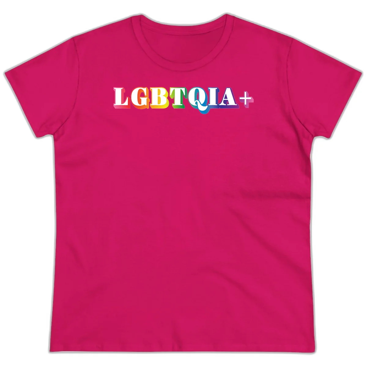 Colorful LGBTQIA+ text with each letter in rainbow colors (pink, red, orange, yellow, green, teal, blue, purple) on gray background in Heliconia