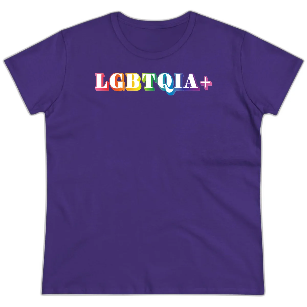 Colorful LGBTQIA+ text with each letter in rainbow colors (pink, red, orange, yellow, green, teal, blue, purple) on gray background in Purple
